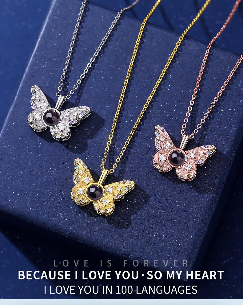 Best-selling versatile colorful diamond butterfly projection pendant for women, 100 languages "I love you" HD color photo necklace for women