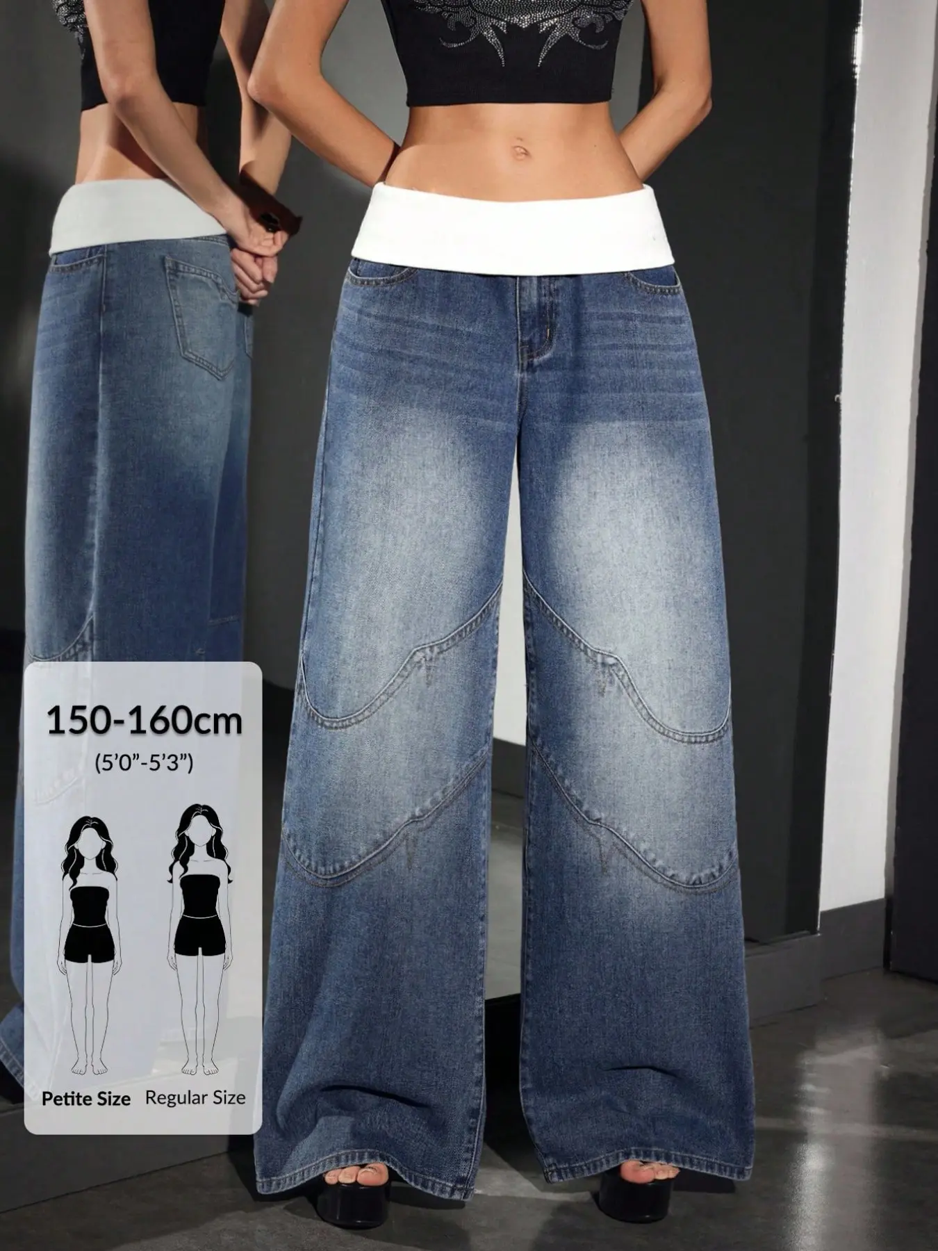 Y2K Baggy Wide Leg Jeans for Women, Colorblock Foldover Waist Washed Patchwork Denim Pants, Petite Friendly