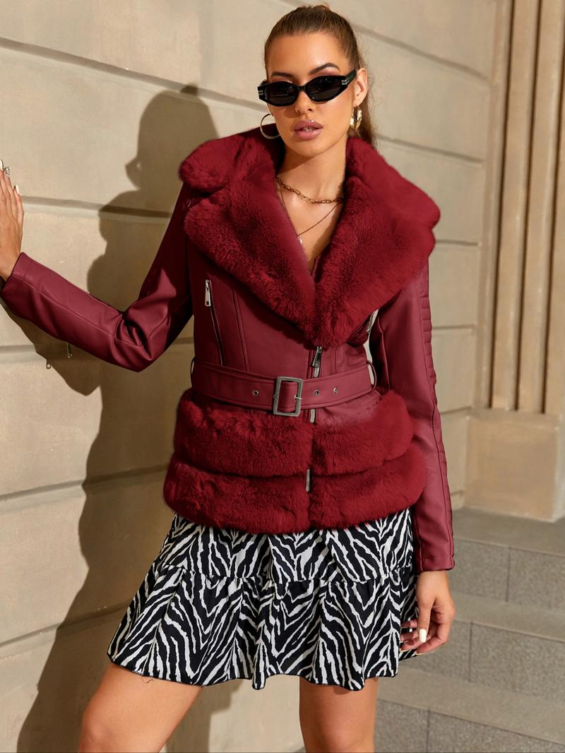 Women's Fall Winter PU Jacket, Vintage Style Fitted Long Sleeve Coat, Warm Daily Wear with Adjustable Waist Belt, Casual Plain Design