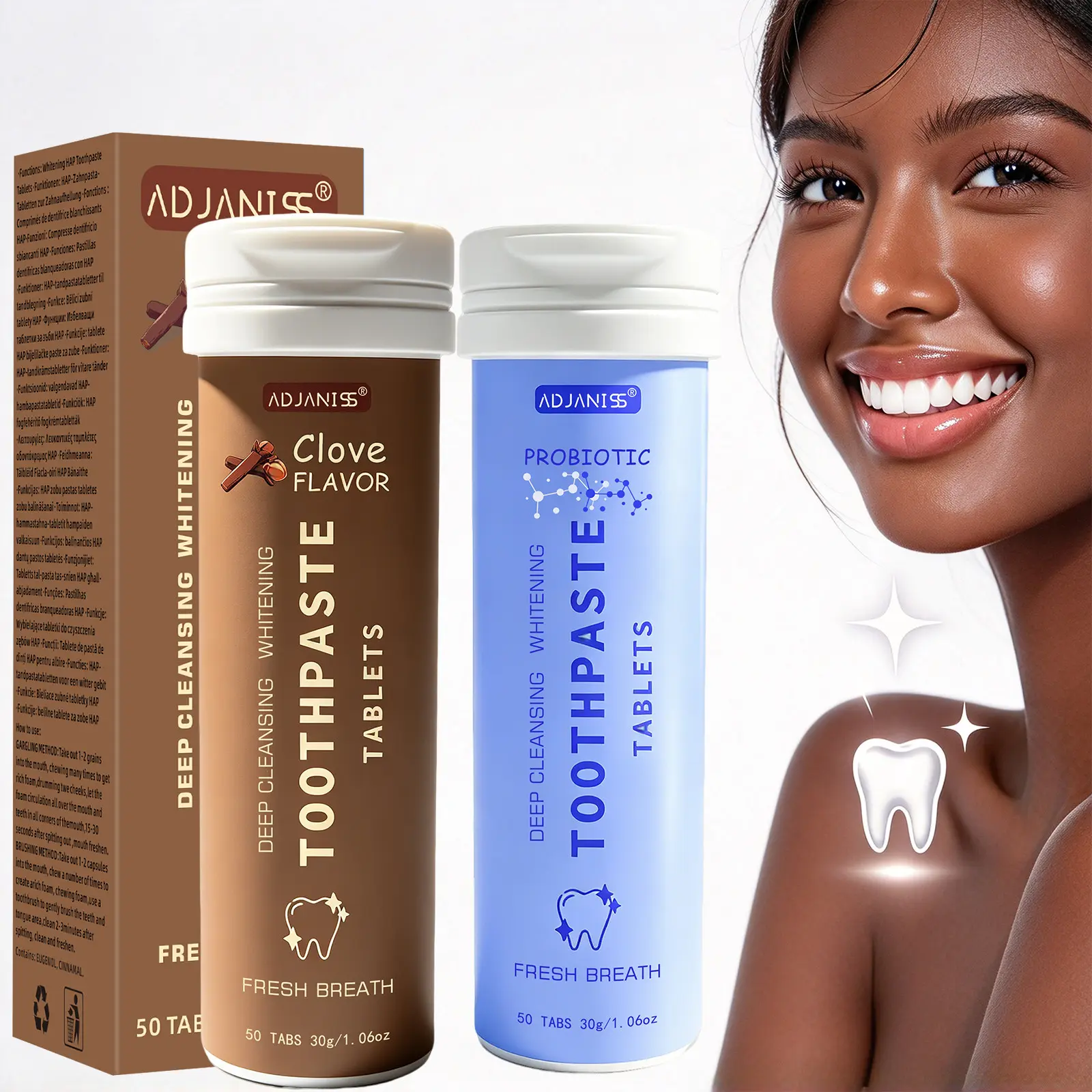Adjaniss Solid Toothpaste Tablets, Mint Flavor + Probiotics, Portable Chewing Gum, Deep Cleaning, Fresh Breath, Travel Friendly, No Liquid