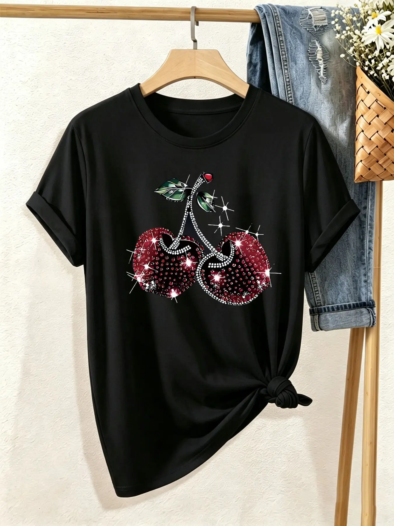 Women's Cherry Print Round Neck Short Sleeve T-Shirt, Casual Fashion Top, Soft Comfortable Fabric, All Seasons