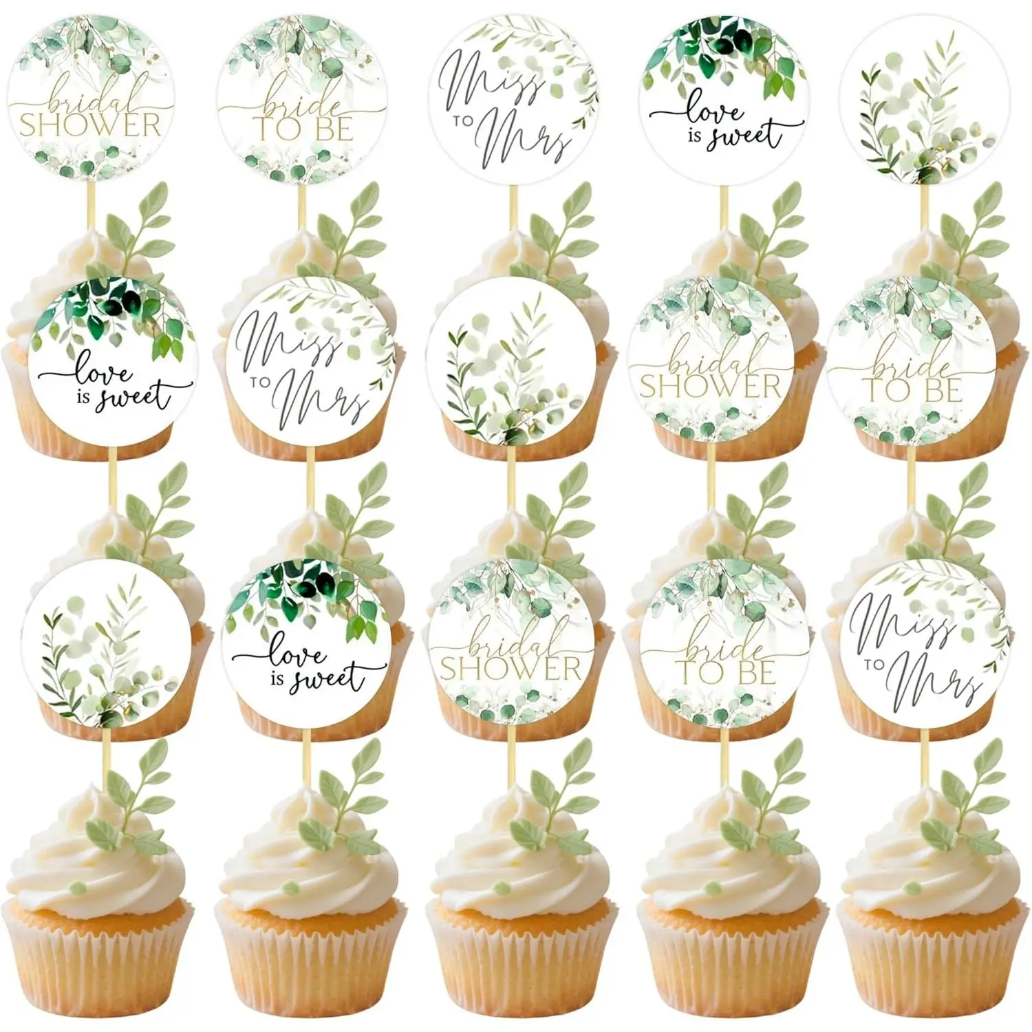 25 PCS Greenery Bridal Shower Cupcake Toppers Sage Green Bride To Be Cupcake Picks for Women Wedding Engagement Bridal Bachelorette Party
