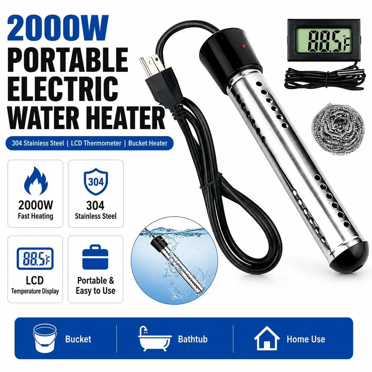 2000W Portable Electric Water Heater with 304 Stainless Steel LCD Thermometer & Bucket Heater for Efficient Safety in Submersible Bathrooms Durable Multifunction for Bathtub & Swimming Pool
