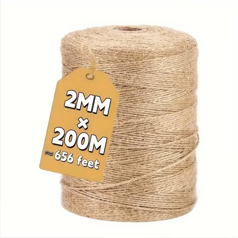 200m X 2mm Heavy Hemp Rope, 656ft Thick Craft Line, Ideal for Plant Support, Weaving, Gardening, Handicrafts, Garden Tie-Down, Valentine Gift Wrap