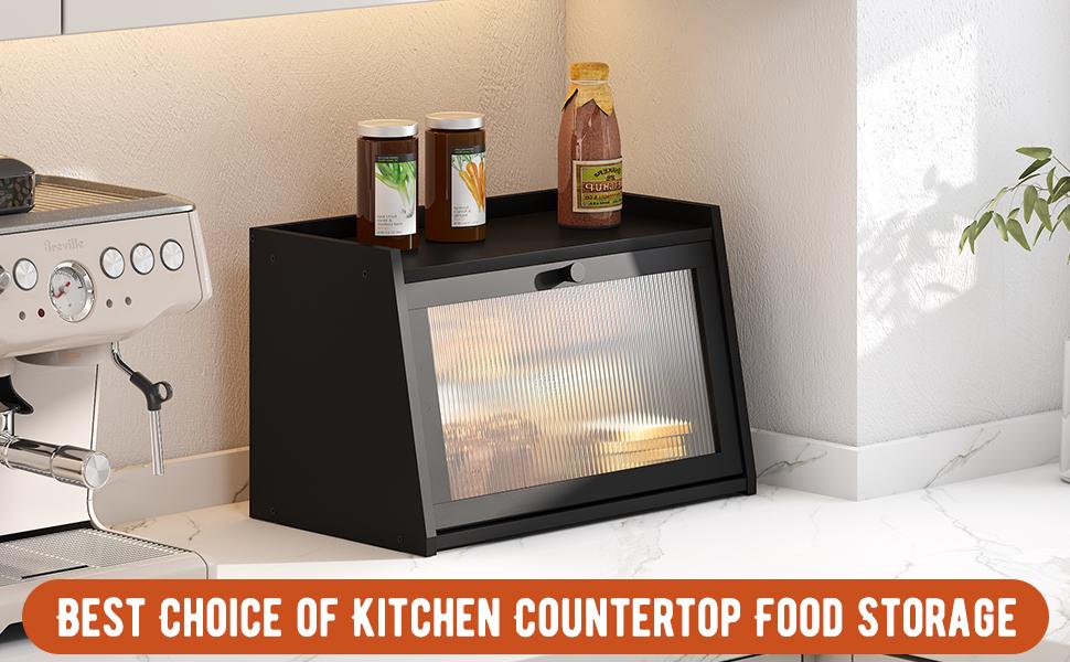 Large Bread Box, Easy Access & Cleaning - Bamboo Bread Box for Kitchen Countertop with Acrylic Door (Black, Medium)