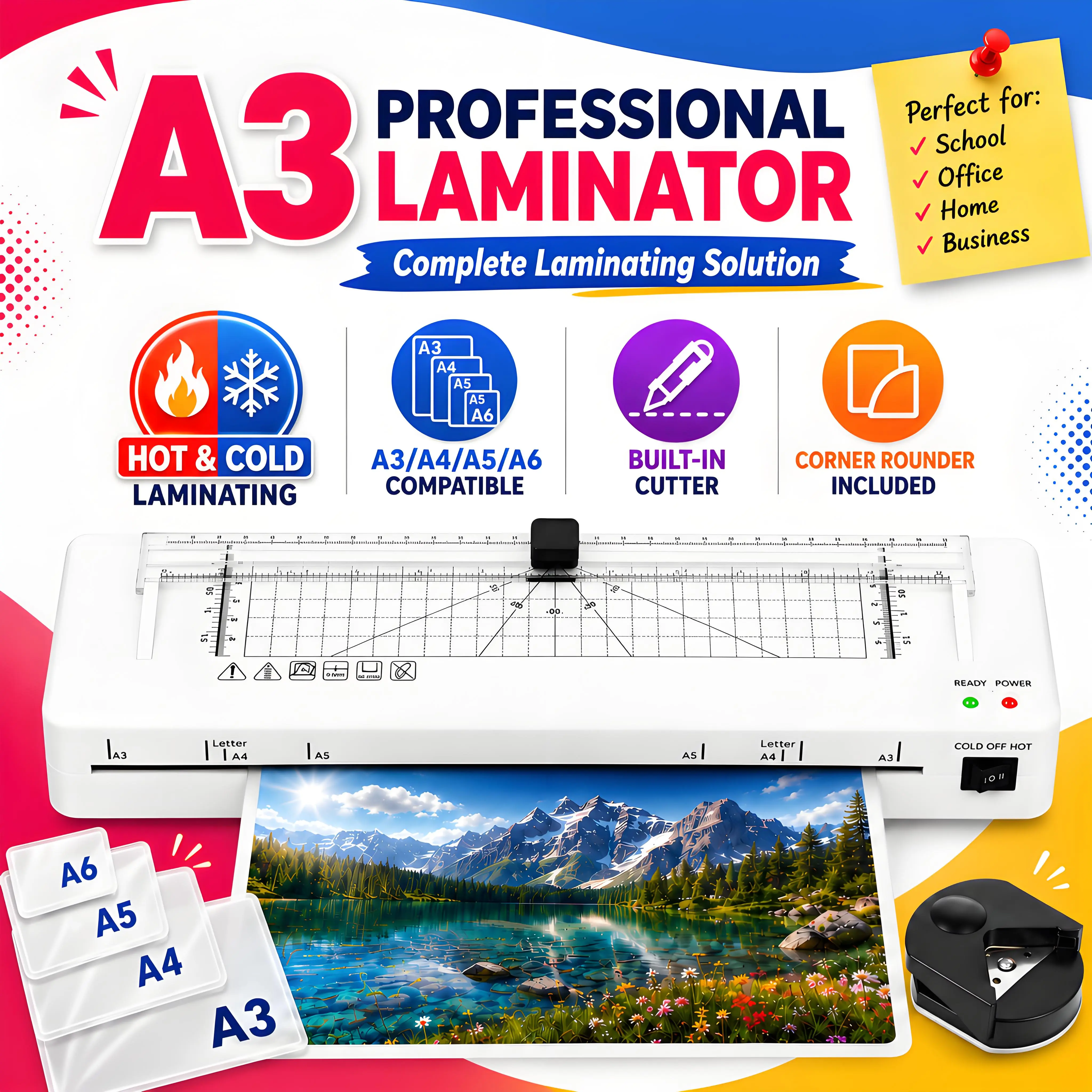 A3 Laminator Machine with Hot & Cold Laminating, 20 Pouches Included, Fast Warm-Up & Anti-Jam System, 4-in-1 Laminator with Built-in Cutter and Corner Rounder, A3/A4/A5/A6 Compatible for Photos, Documents, Cards, Home, Office & School