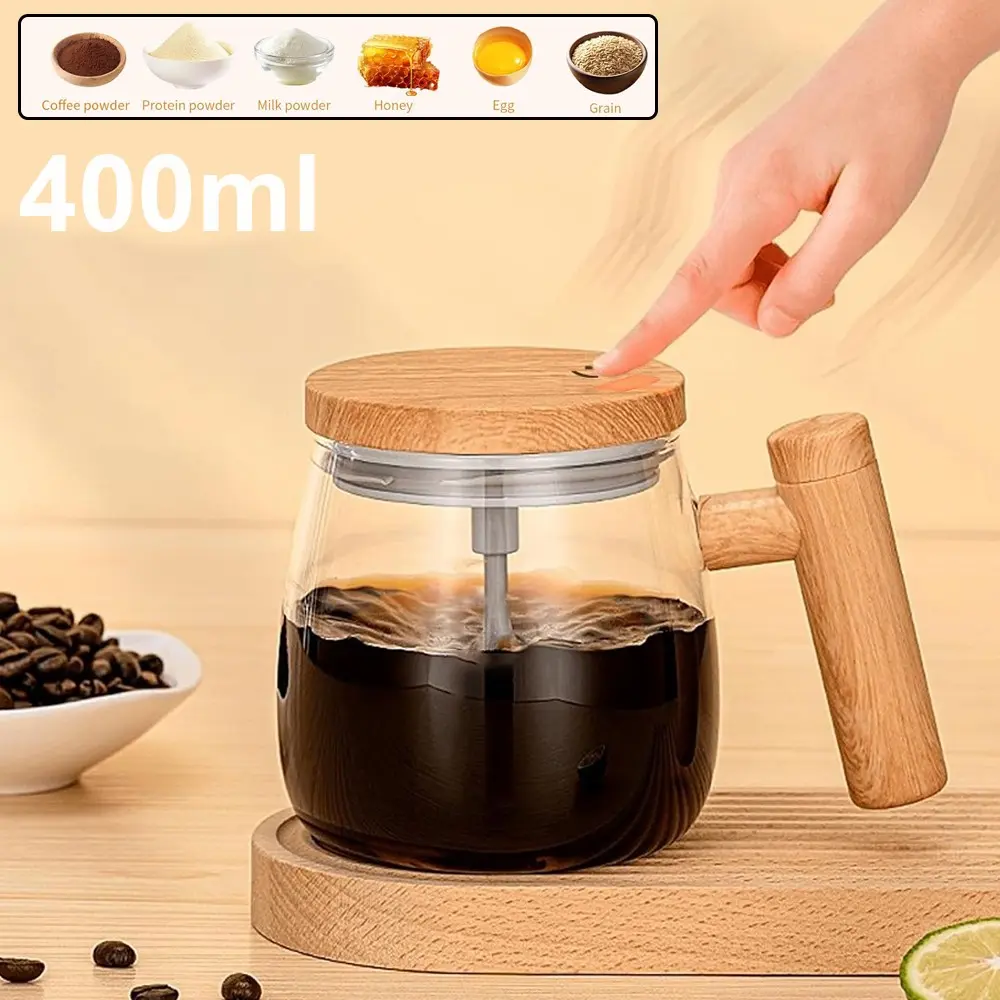 400ml Transparent Modern Glass-ABS Self-Stirring Electric Coffee Mug, IP67 Rated Single Unit Mixer Cup with Lid