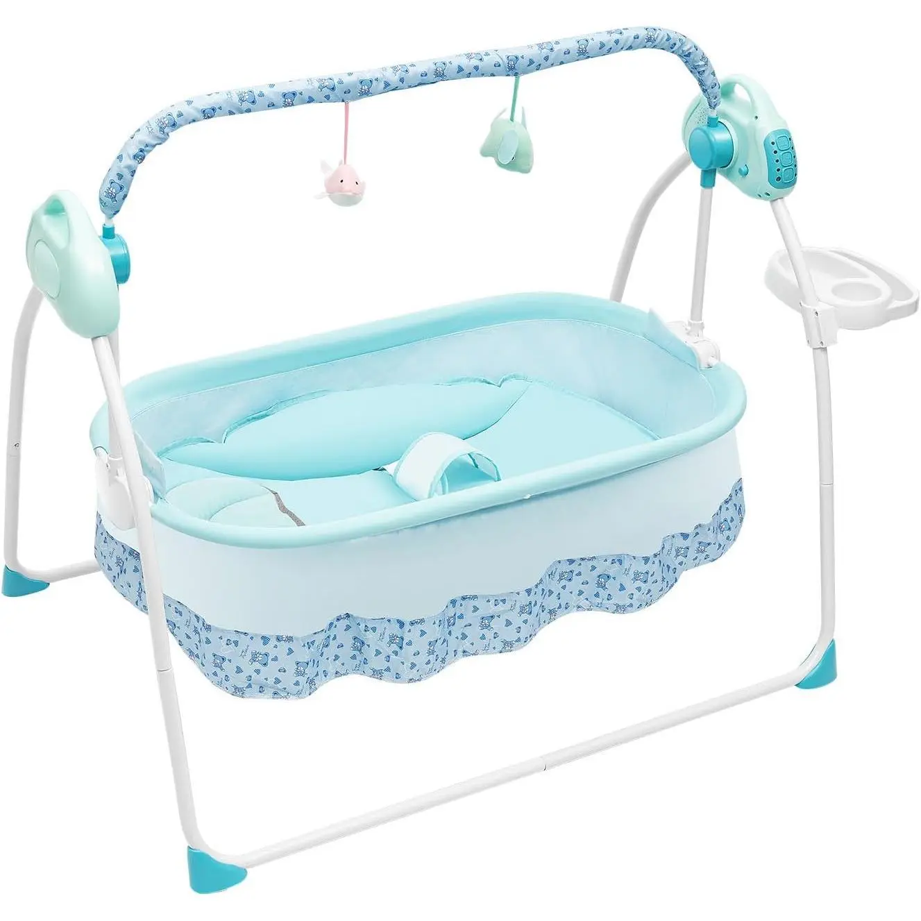 Electric Cradle 5 Speed Rocking Bluetooth Lullabies Foldable Portable 55lbs Capacity Breathable Mosquito Net Safety Straps for 0-18 Months Nursery Living Room (BULE)