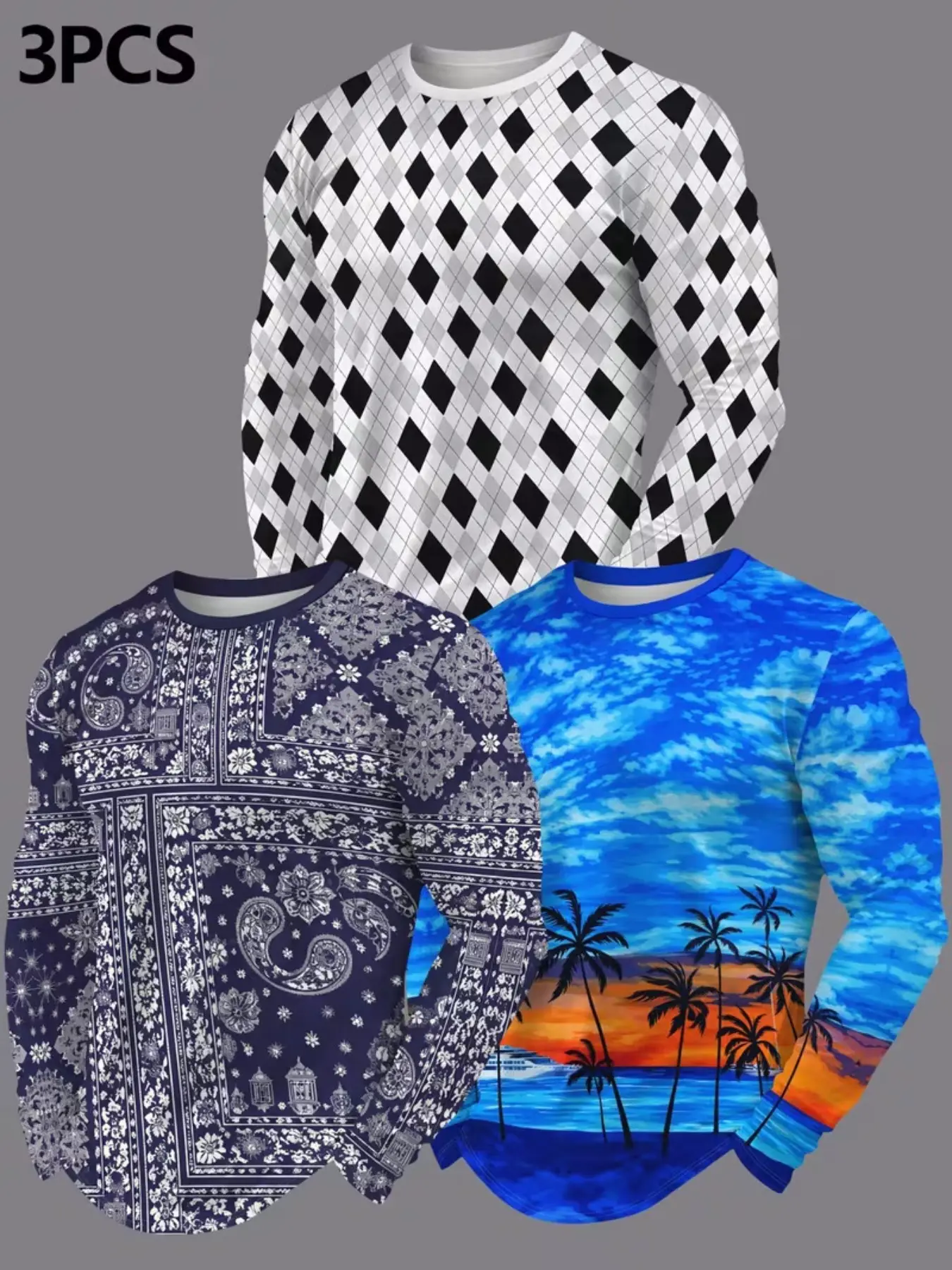 Men's Long Sleeve T-Shirt Set, Vintage Ethnic Resort Style, Houndstooth Paisley Floral Island Landscape, 3D Digital Print, Round Neck