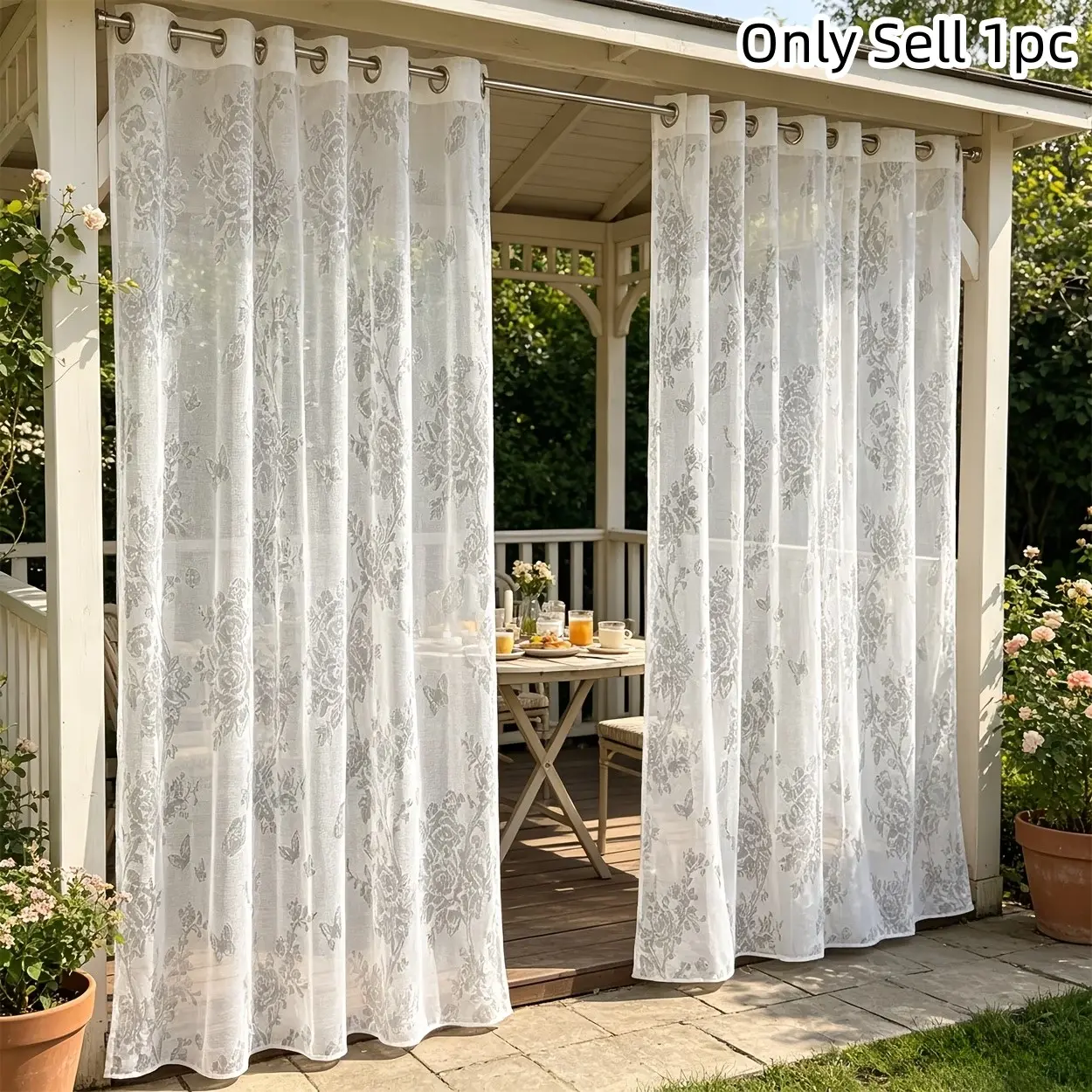 1pc French Country Sheer Curtain, Vintage Rose Butterfly Pattern, Lightweight Semi-Transparent Fabric, Soft Light Diffusion, Sunroom Balcony Decor, Lightweight Curtains
