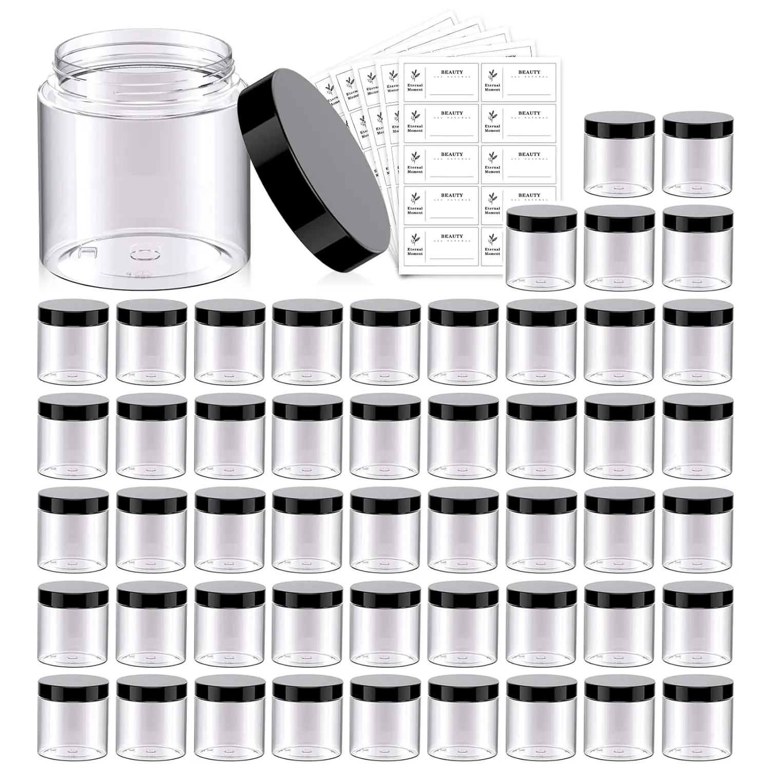 50-Pack 4oz Bulk Plastic Cosmetic Jars - Round Transparent Canister Bottles with Black Lids, Ideal for Travel Storage of Lotions, Creams, Small Samples & Organizing Home Supplies