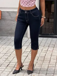 High Waist Stretchy Denim Jeans Six-Quarter Pants, Split Ankle Design, Women's Shortened Long Pants, Comfortable and Stylish