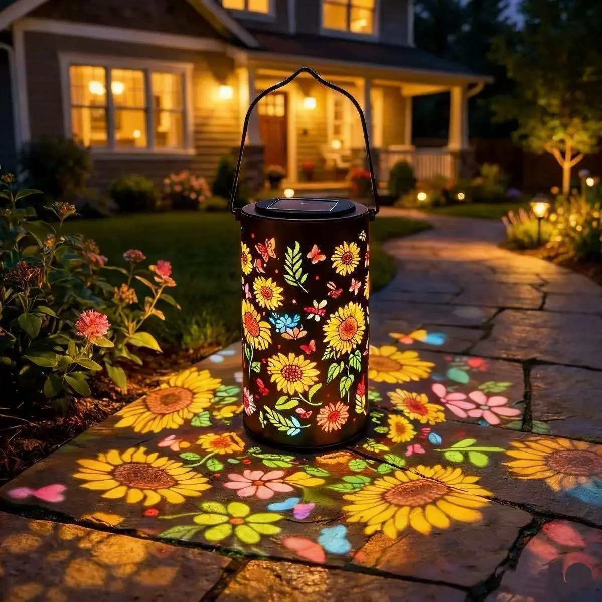 Solar-powered LED sunflower garden lights with iron art decoration emit realistic light at night, suitable for courtyards, lawns, terraces, and porches. They are waterproof, energy-saving outdoor lighting, durable, and provide all-weather protection