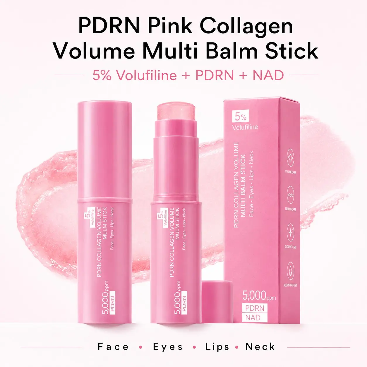 PDRN Pink Collagen Volume Multi Balm Stick | 5% Volufiline, PDRN & NAD | All-in-One Moisturizing Face Balm for Fine Lines, Under-Eyes, Neck, Forehead, Smile Lines & Lips