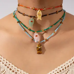 Ocean Style Natural Aventurine Agate Natural Stone Fish Pendant Necklace Exquisite Summer Trendy Jewelry Accessories