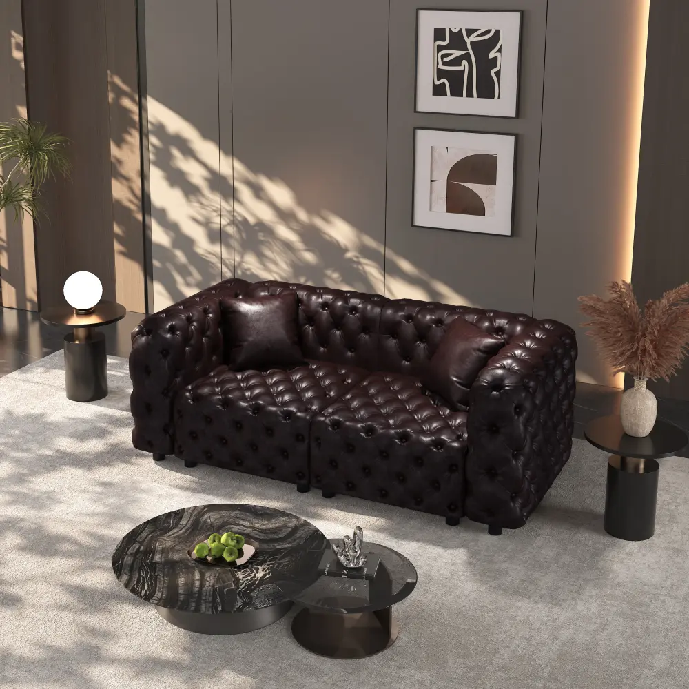 77" Modern Sofa Set, Faux Leather Upholstered Modular 2-Seater Sectional Couch with Pure Handmade Button Tufted Design, 2 Pillows, Multi Combination for Living Room,Dark Brown