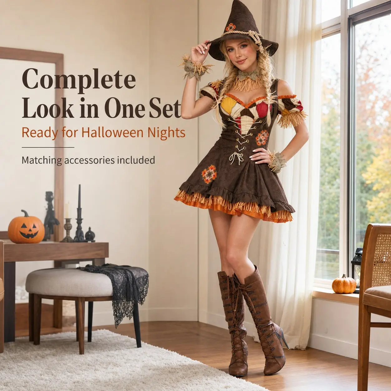 Women's Wizard of Oz Scarecrow Cosplay Full Set - Polyester Off-Shoulder Fringe Dress with Patches & Hat, Cold Wash Compatible for Halloween Party