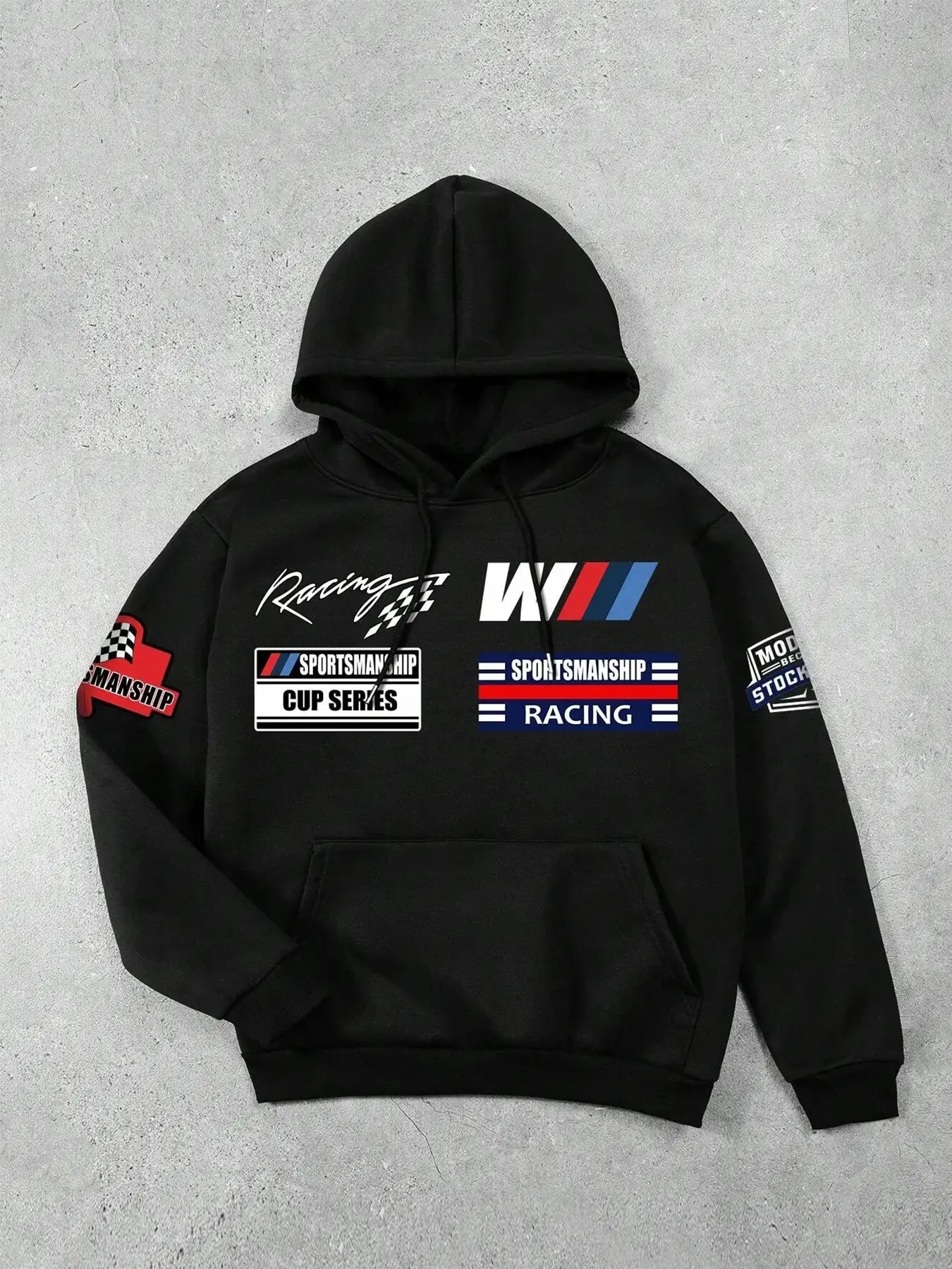 American Racing Style Hoodie, Front and Sleeves Racing Badge Print, Blue Color Block, Loose Fit, Retro Streetwear