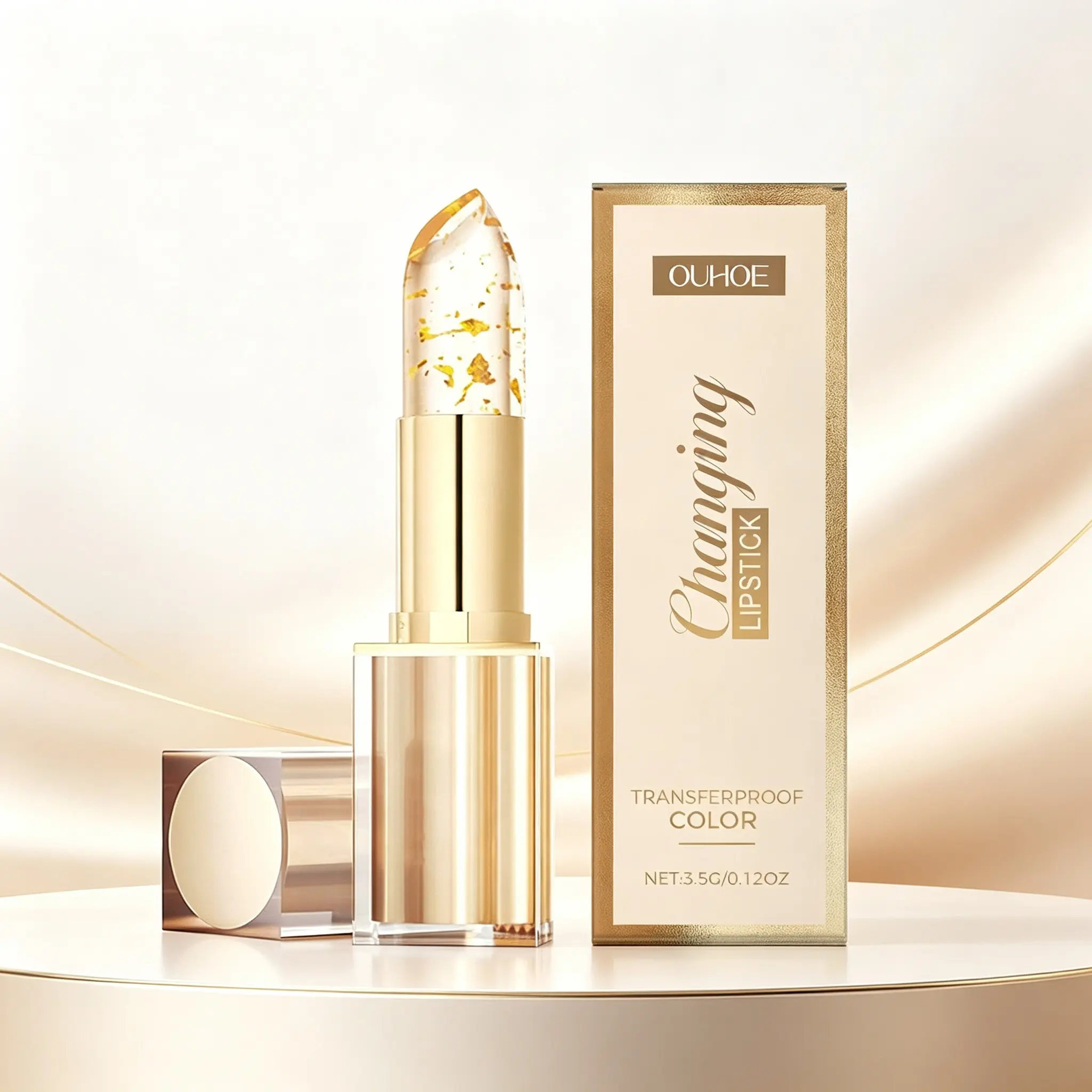 Transparent Gold Foil Jelly Lipstick, Ph Color Changing Lip Balm, Nourishing Hyaluronic Acid, Vitamin E, Glossy Lip Gloss, Natural Daily Lip Makeup