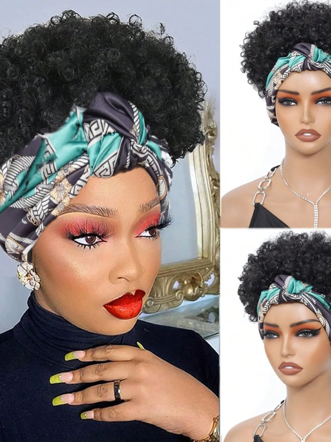 Headband Wigs for Women, Afro Kinky Curly Wig, Synthetic Short Hair, Headband Attached, Headwrap Wigs, Kinky Curly Headband Wig