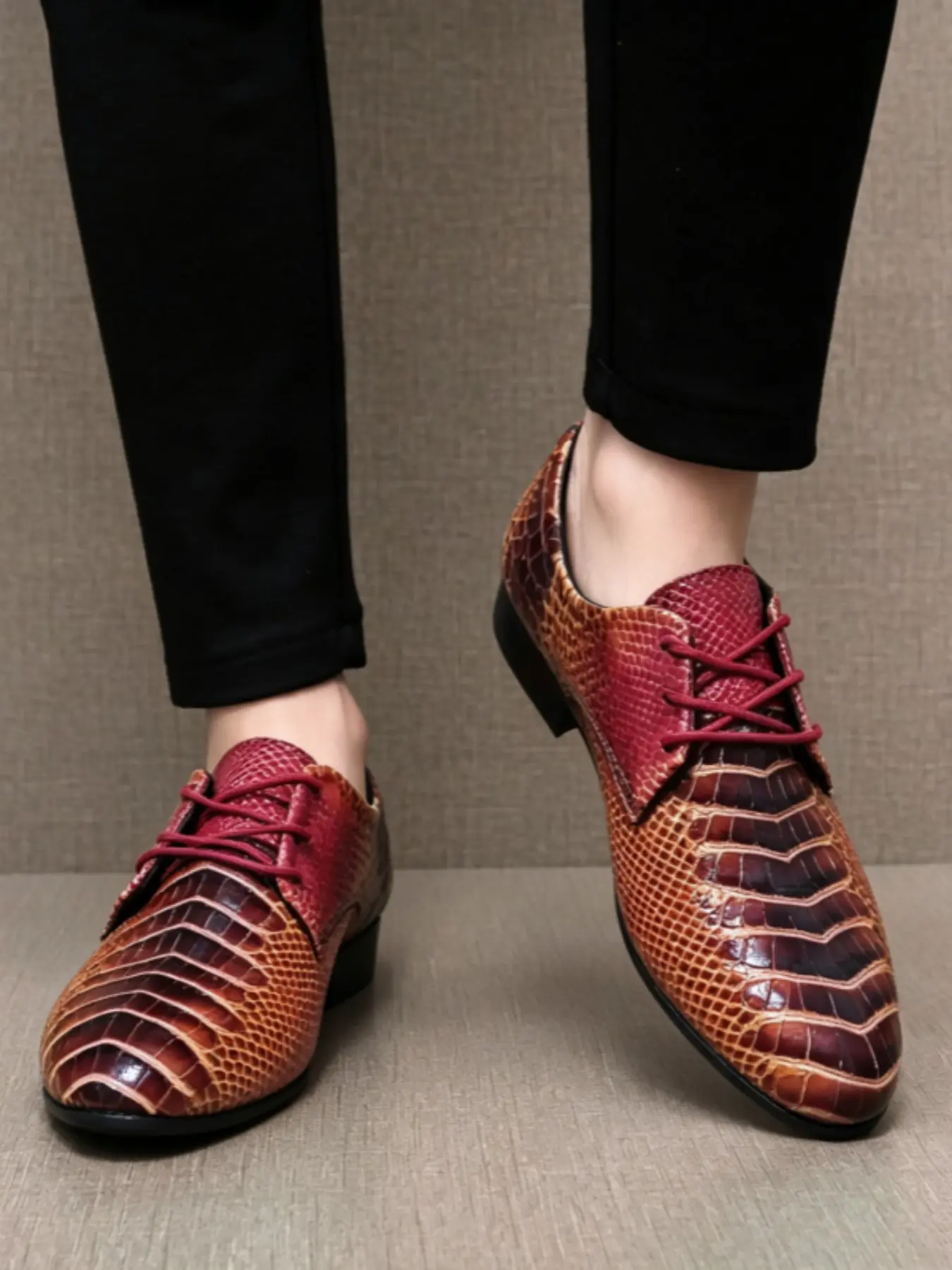 Men's New Design Snake Print Embossed Colorblock Business Casual Work Shoes, Trendy Nightclub Hairstylist Stage Shoes, Large Sizes (40-50)