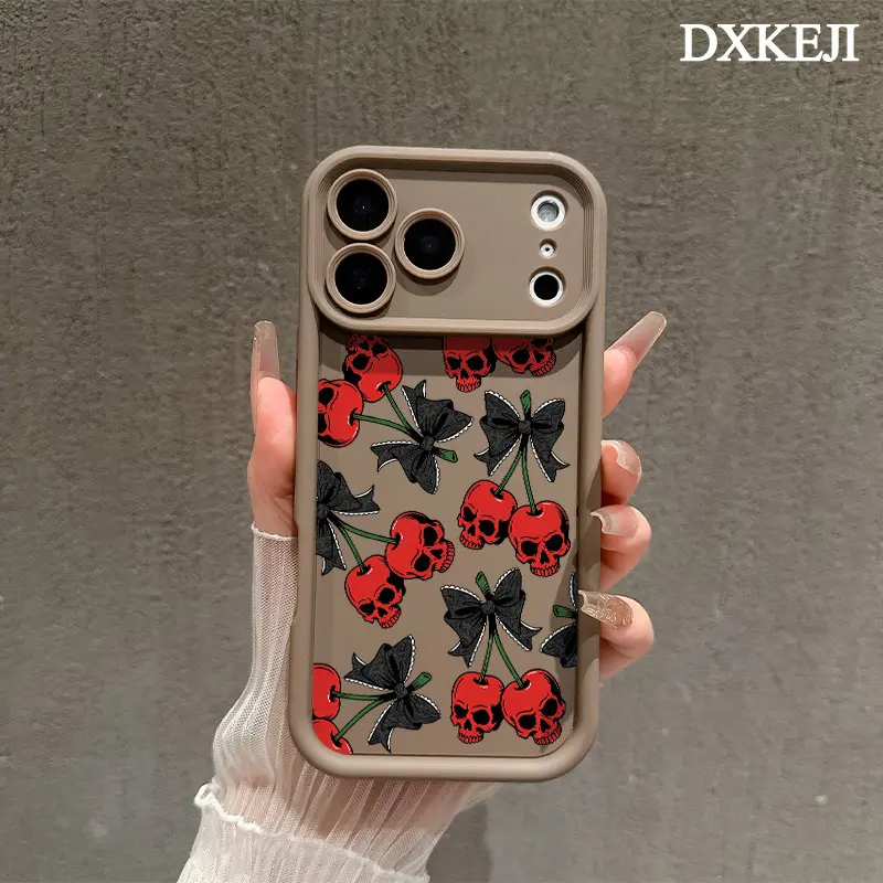 Aesthetic Black Bow Skull & Cherry Customized TPU Phone Case, Soft Silicone Back Cover with Protection, Shock Resistance, Fully Protected Multi-Model Accessories for iPhone 17-11 Plus/Air, Samsung Galaxy S26-S22 Ultra/Plus, Shockproof