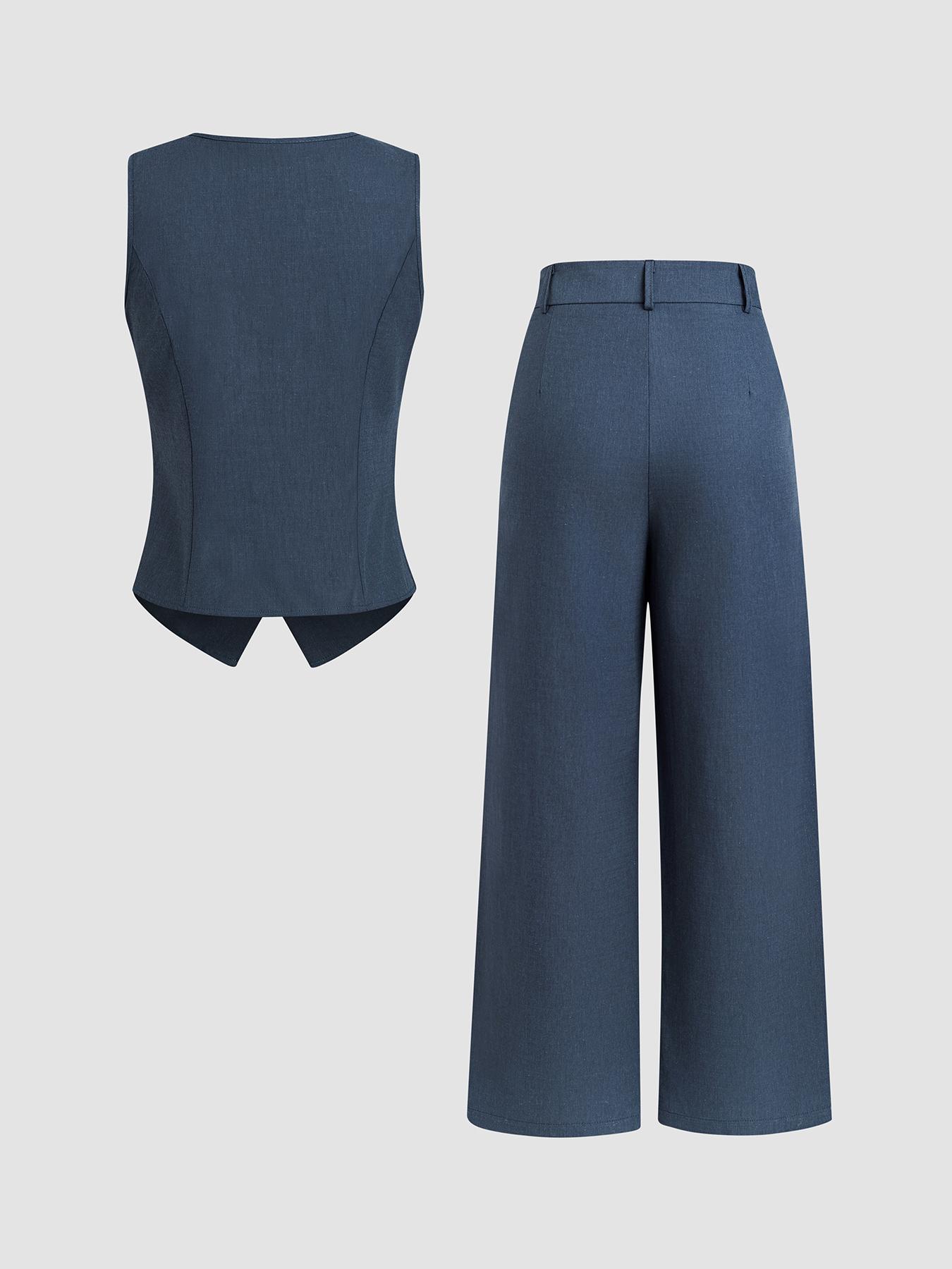 Classic Suit Set, Two Piece Set Solid Color Vest & Wide Leg Pants Elegant Fitted Fashion Casual Work Office Business Suits for Summer Fall Y2K, On The Go, Beach Ready, Relaxed Fit, Chic, Slim, Coastal Style