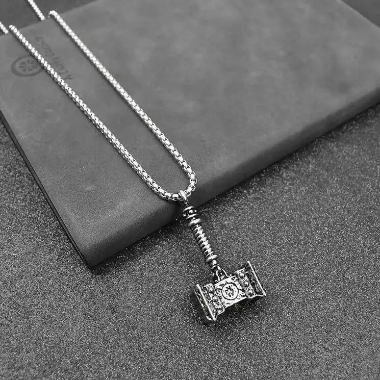 Vintage Mini Hammer Pendant Necklace, Antique Silver Norse Mythology Mjolnir Charm, Stainless Steel Box Chain Punk Street Jewelry for Men Women