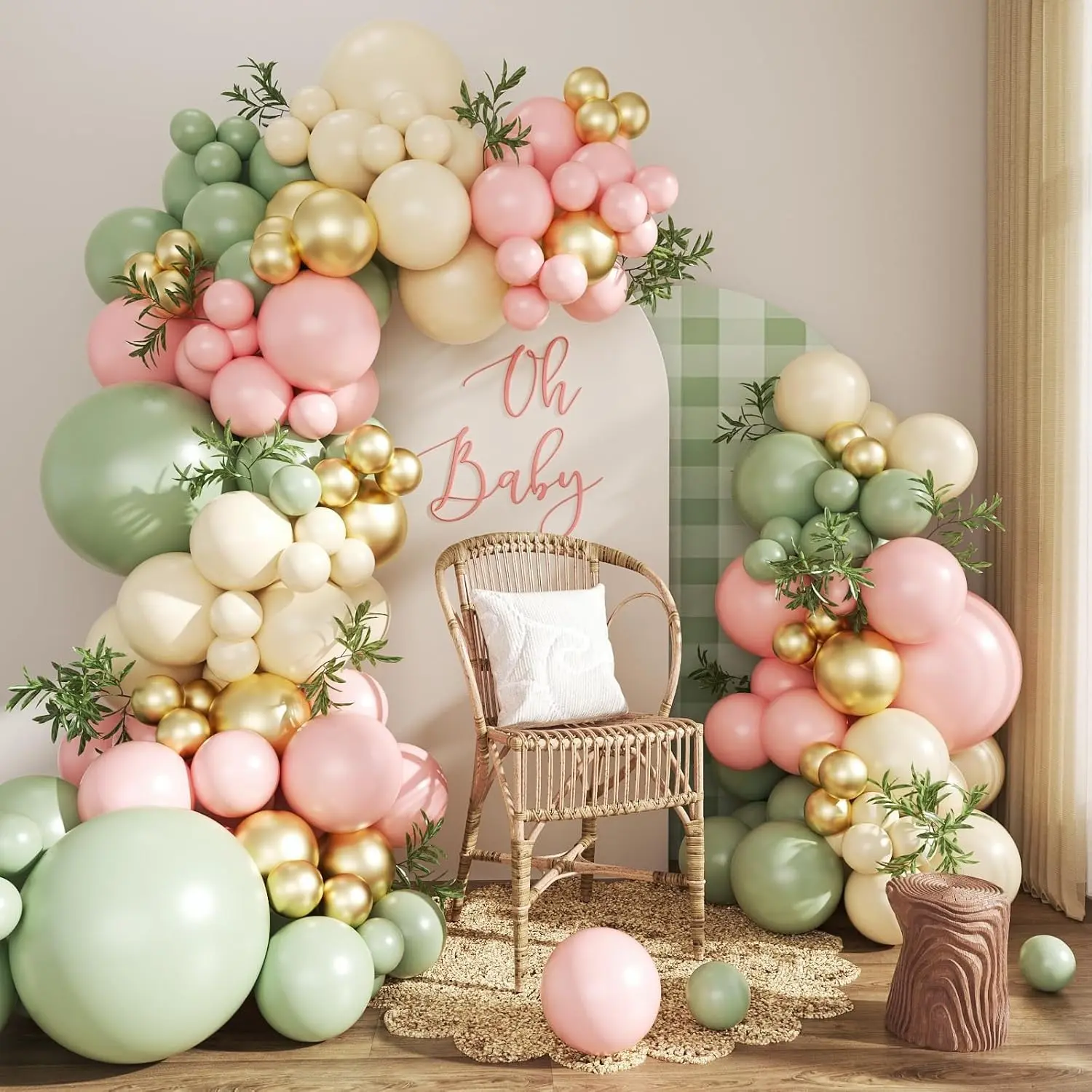 124Pcs Pink and Sage Green Balloon Arch Kit with Gold, Sand & White Balloons for Baby Shower Birthday, Bridal Shower, Wedding & Gender Reveal DecorationsGift