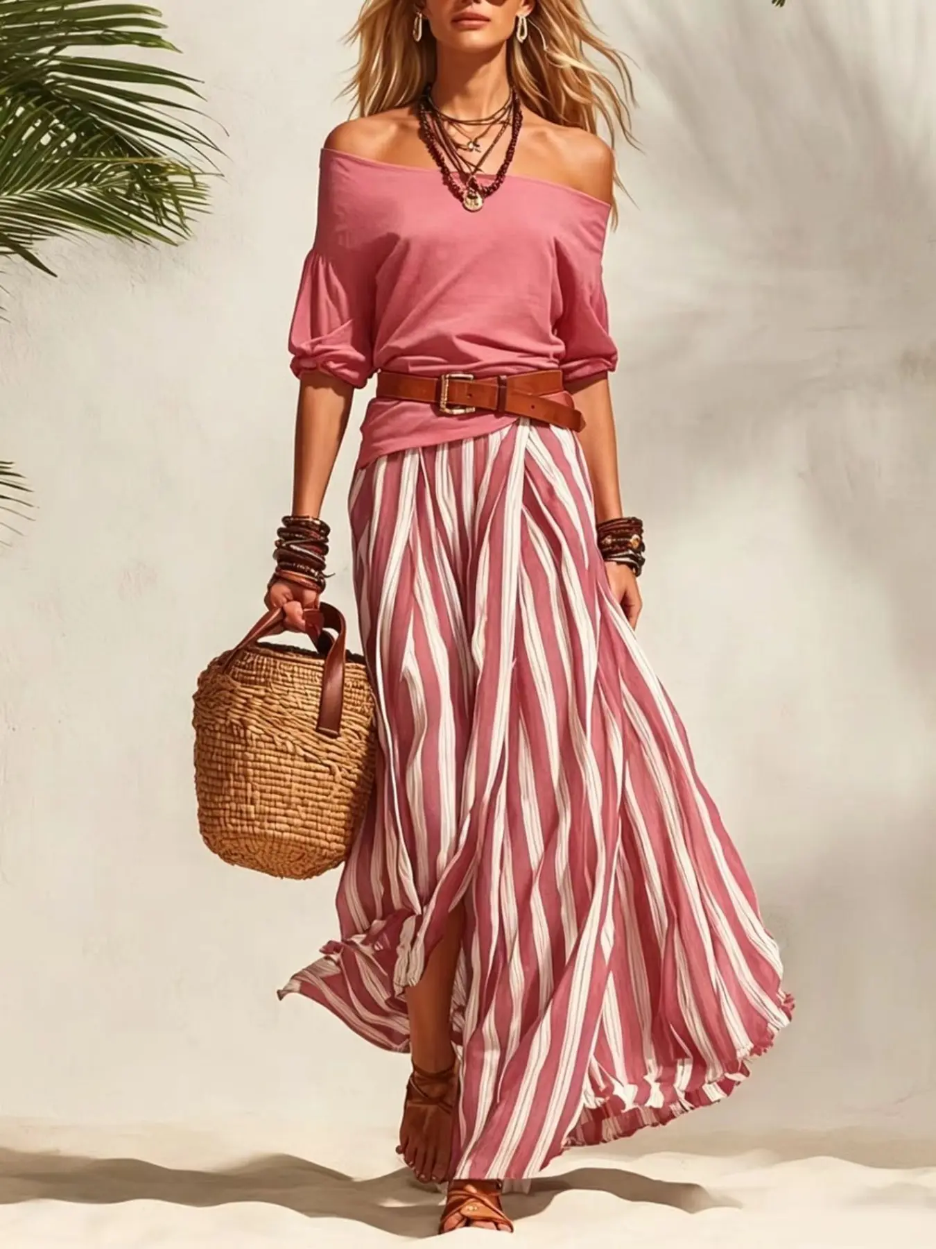 Women's 2 Piece Boho Outfit Off Shoulder T Shirt and Striped Maxi Skirt Set Casual Vacation Matching Set Summer Beach Resort Wear