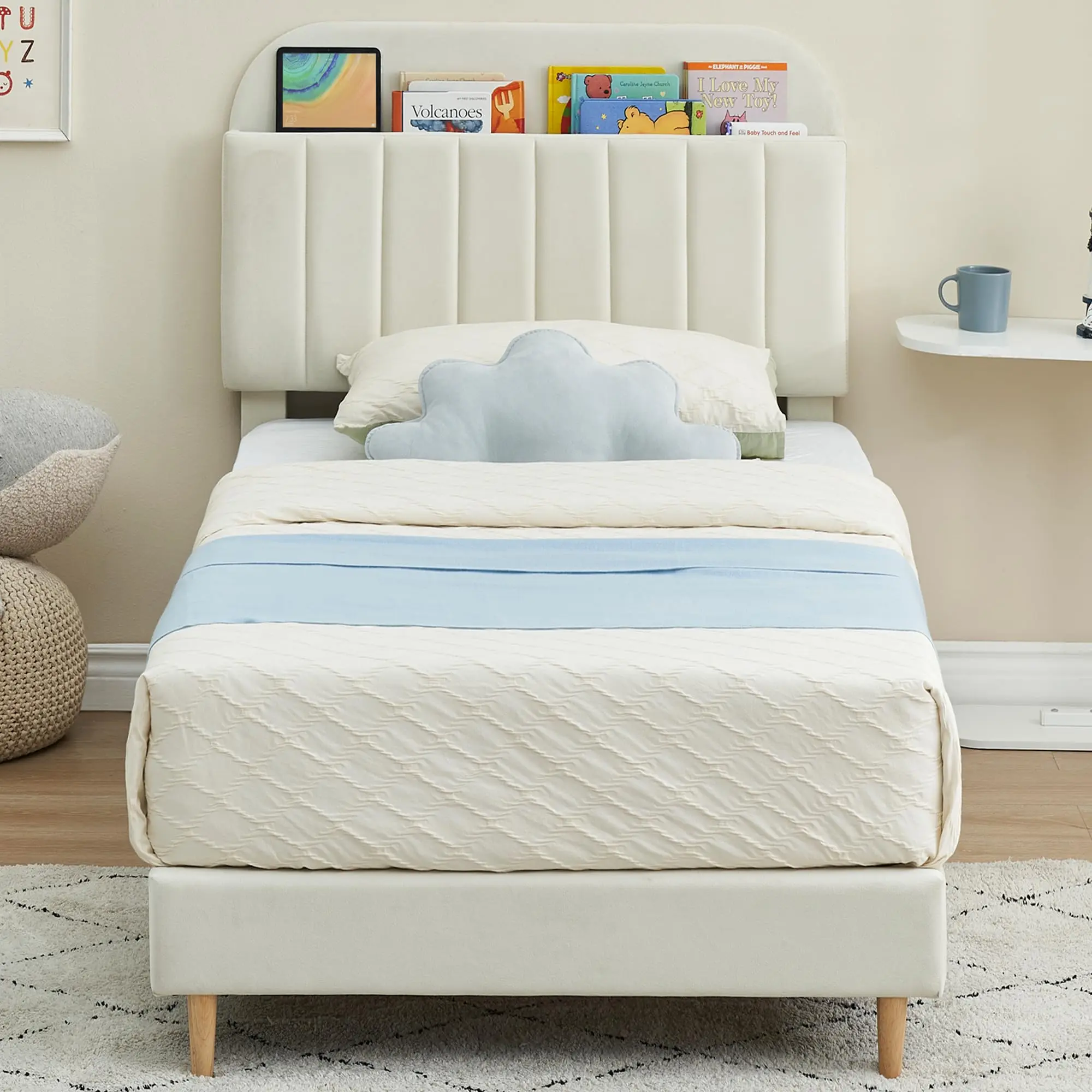 Garvee and Garvee Upholstered Velvet Platform Bed Frames with Bookcase Headboard, Heavy Duty Steel Support Legs, Strong Wooden Slats, Easy Assembly, Noise-Free, Available in Twin, Twin XL, Full Sizes, Multiple Colors