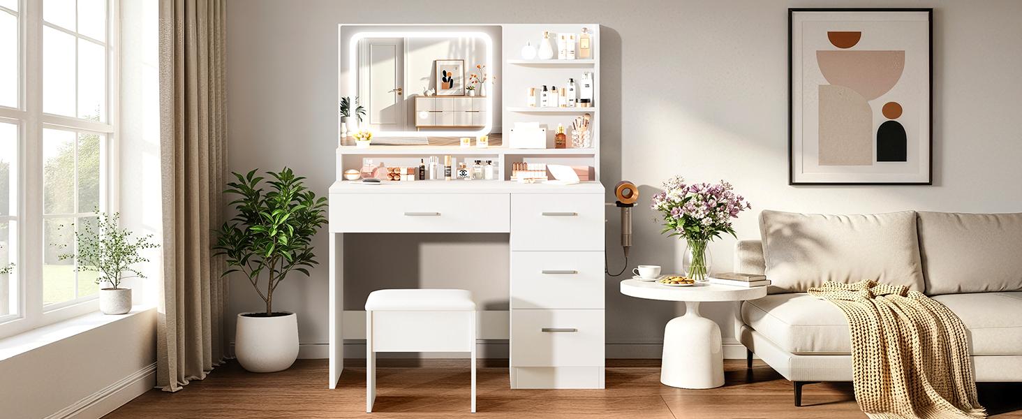 Makeup Vanity Desk with Smart LED Mirror & Charging Station 35.4" White Vanity Table Set with Cushioned Stool 4 Drawers Hairdryer Rack Modern Bedroom Dressing Table White chair light
