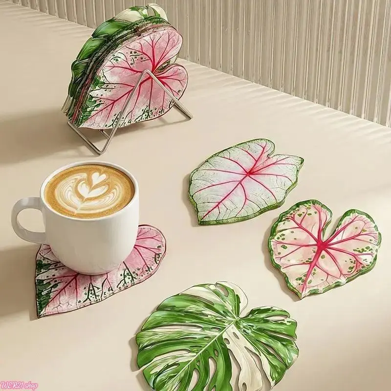 [useful]4 Pcs Tropical Plant Coasters, Decorative Coaster, Acrylic Style Solid Color, Luxury Aesthetic Heat Resistant Waterproof Easy Clean