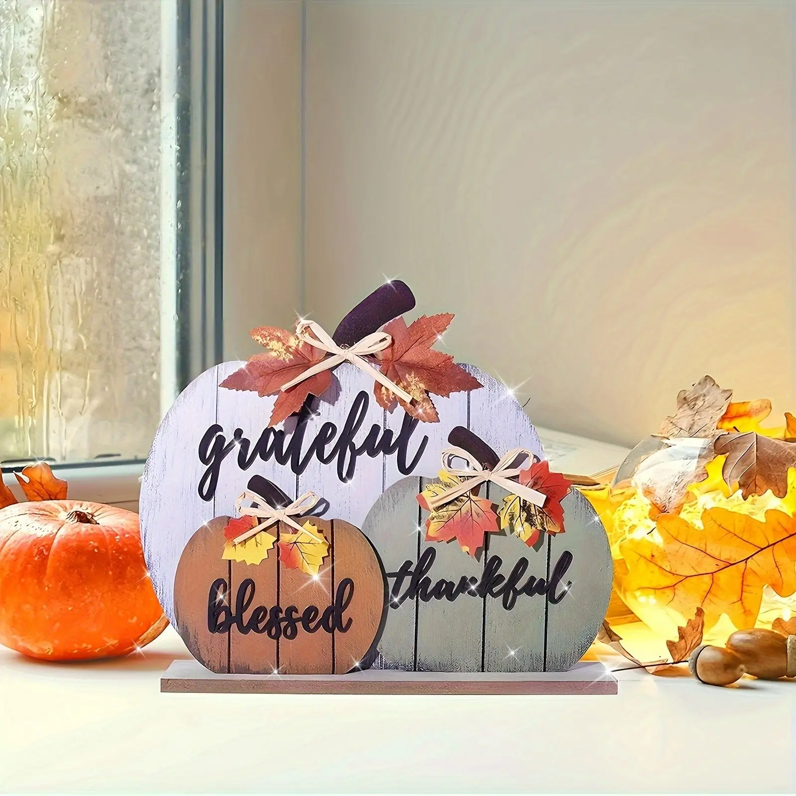 2D Wooden Pumpkin Table Sign, Thanksgiving Harvest Decor, Rustic Farmhouse Style, Fall Theme, Rope Bow Design, Seasonal Decoration, 1 Piece