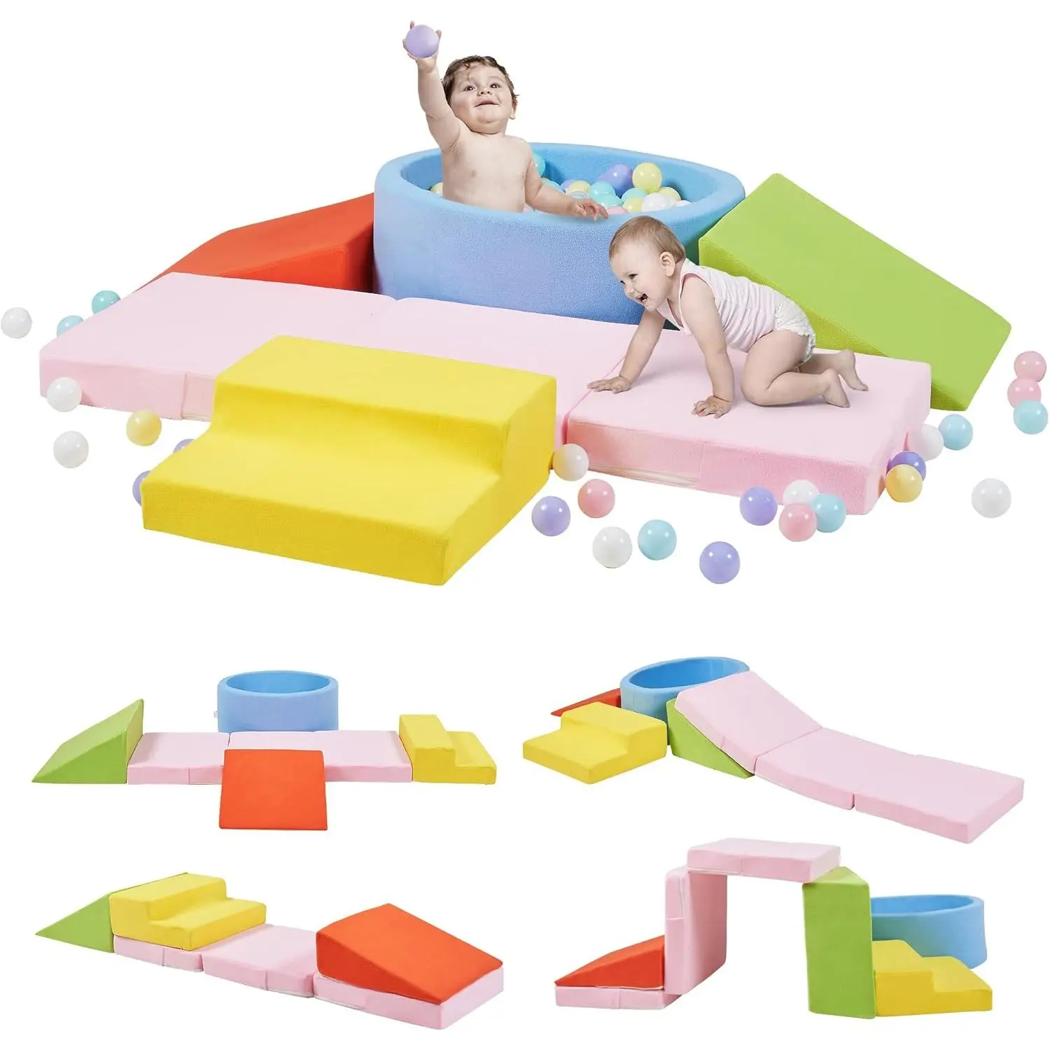Multicolored Soft Foam Climb & Play Blocks+Stair Set with Ball Pit, Indoor Toddler Playset for Ages 1-3, Crawling & Active Play Equipment (Balls NOT Included)