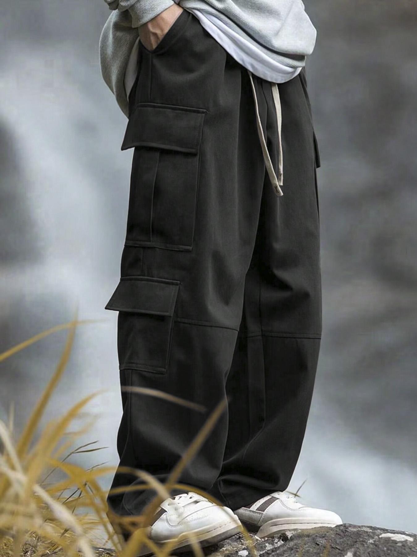 Men's Solid Pocket Cargo Pants, Loose Casual Street Fashion Drawstring Waist Trousers for Daily Wear, Men's Bottoms for All Seasons, Casual Comfy Trouser
