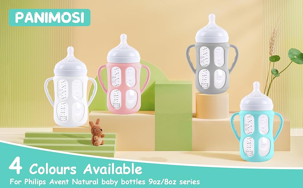 VVH 4 Pack Silicone Sleeves with Handles for Philips Avent Natural Baby Bottle 9 oz/8 oz, Avent Glass Bottles Sleeve Easy grip, Anti Breakage Baby Bottle Holder, Compatible with Philips Avent Glass Bottle