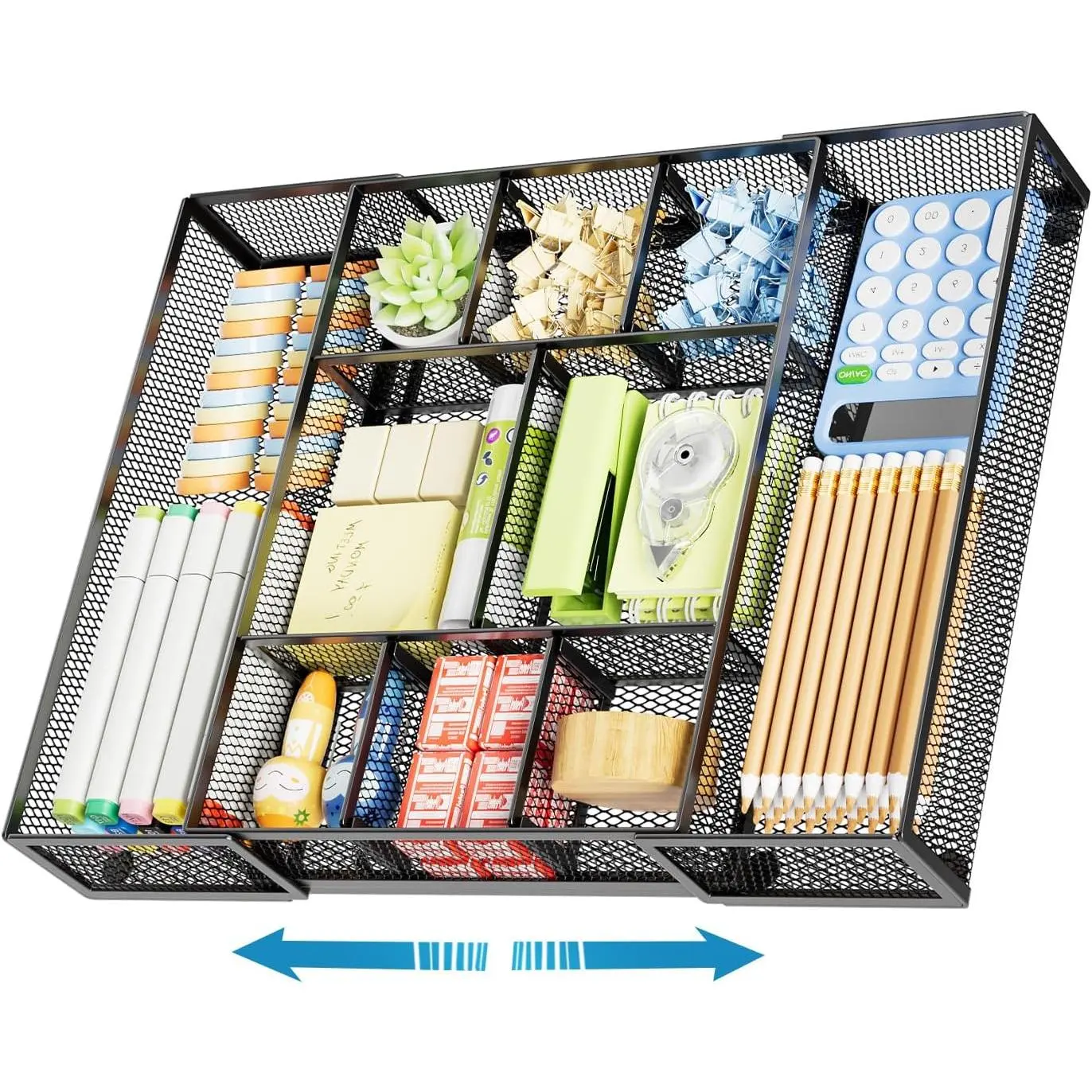 Expandable Mesh Desk Drawer Organizer Tray with 10 Adjustable Compartments & 5 Dividers, Desk Organizer Accessories for Office Supplies, Makeup & Vanity (Black)