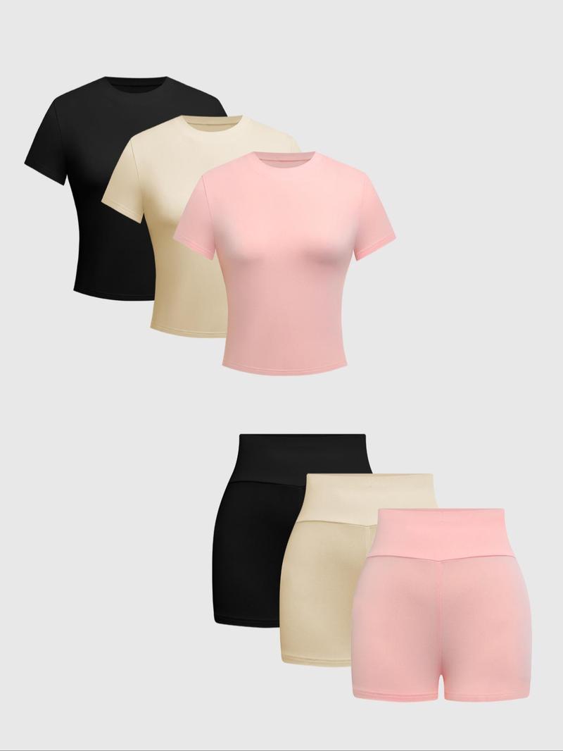 Women's  Solid Round Neck Tee & Skinny Shorts Set, Casual Short Sleeve T-shirt & Short Leggings, Ladies Summer Clothes