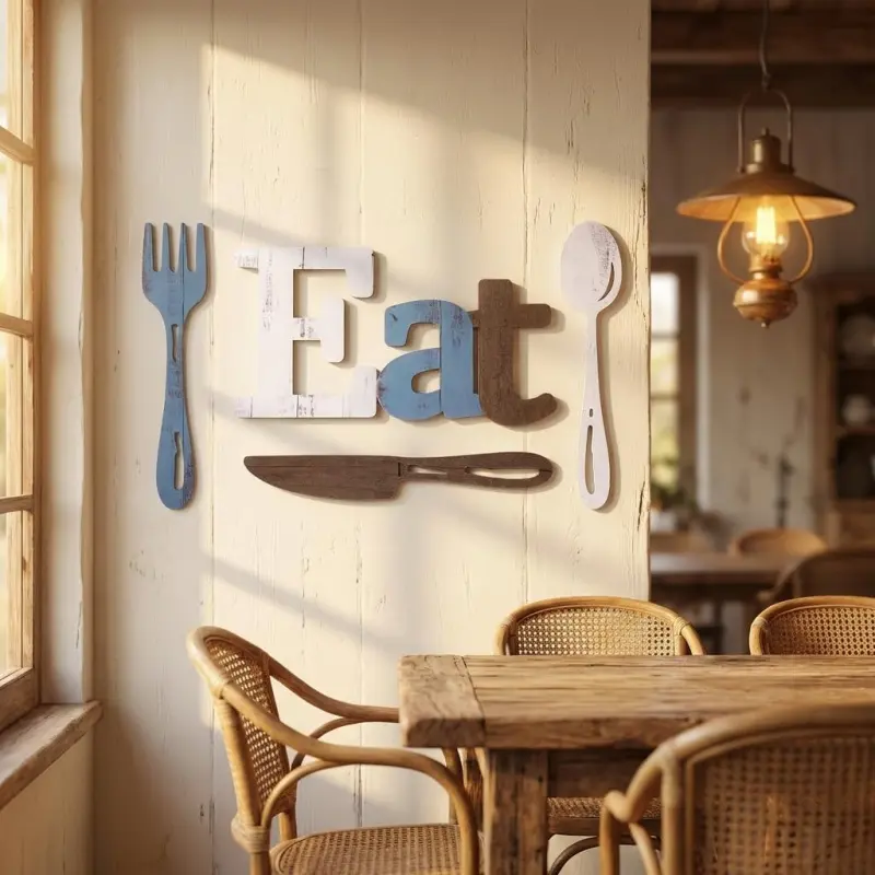 Wooden Kitchen Wall Decor "Eat" Decorative Plaque Sign, 4-Piece Country Style Wall Ornament Set with Exquisite Spoon, Knife and Fork, Large Wooden Letter Decorations, Suitable for Dining Room, Home Kitchen Decoration and Ideal Housewarming Gift