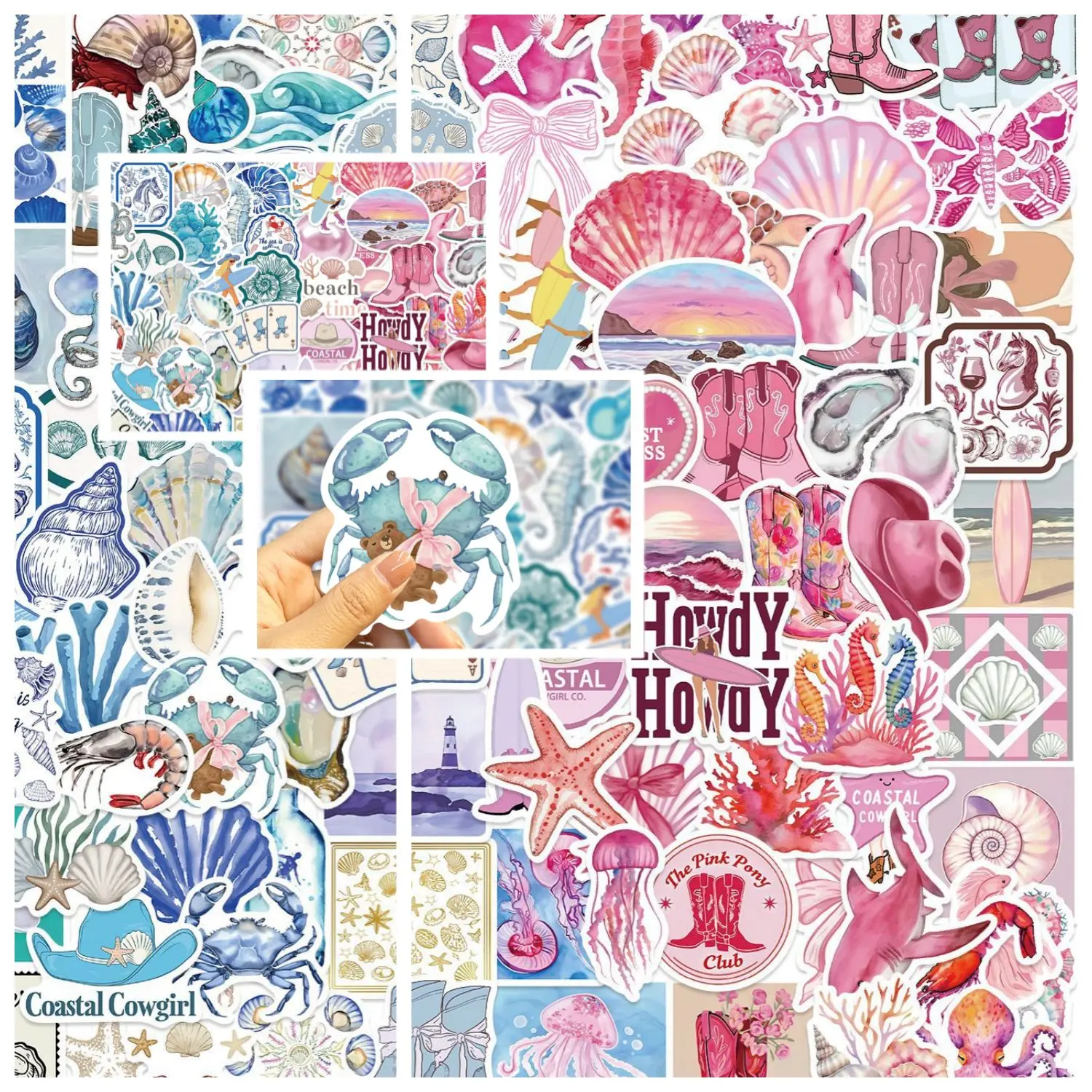 100pcs Ocean Blue and Pink Color Blocking Aesthetics Stickers, Ocean-themed Decorative Office Stickers, Suitable for Crafts and DIY Creations, Durable Material, Easy To Apply, and An Excellent Gift for Ocean-themed Holidays.