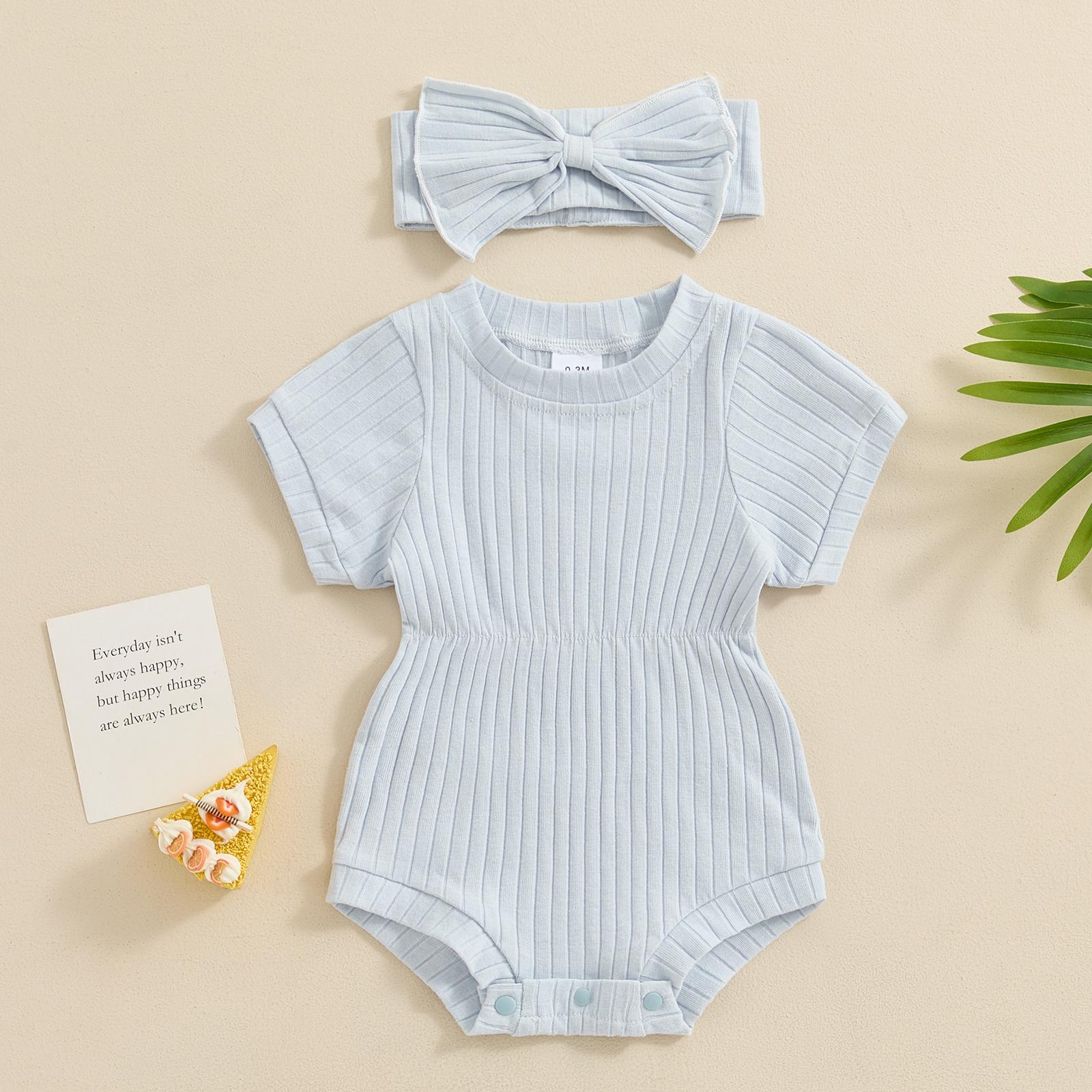 Baby Girl Summer Clothes Ribbed Short Sleeve Romper Solid Color Bodysuits Bow Headband Outfit Newborn Girl Jumpsuit