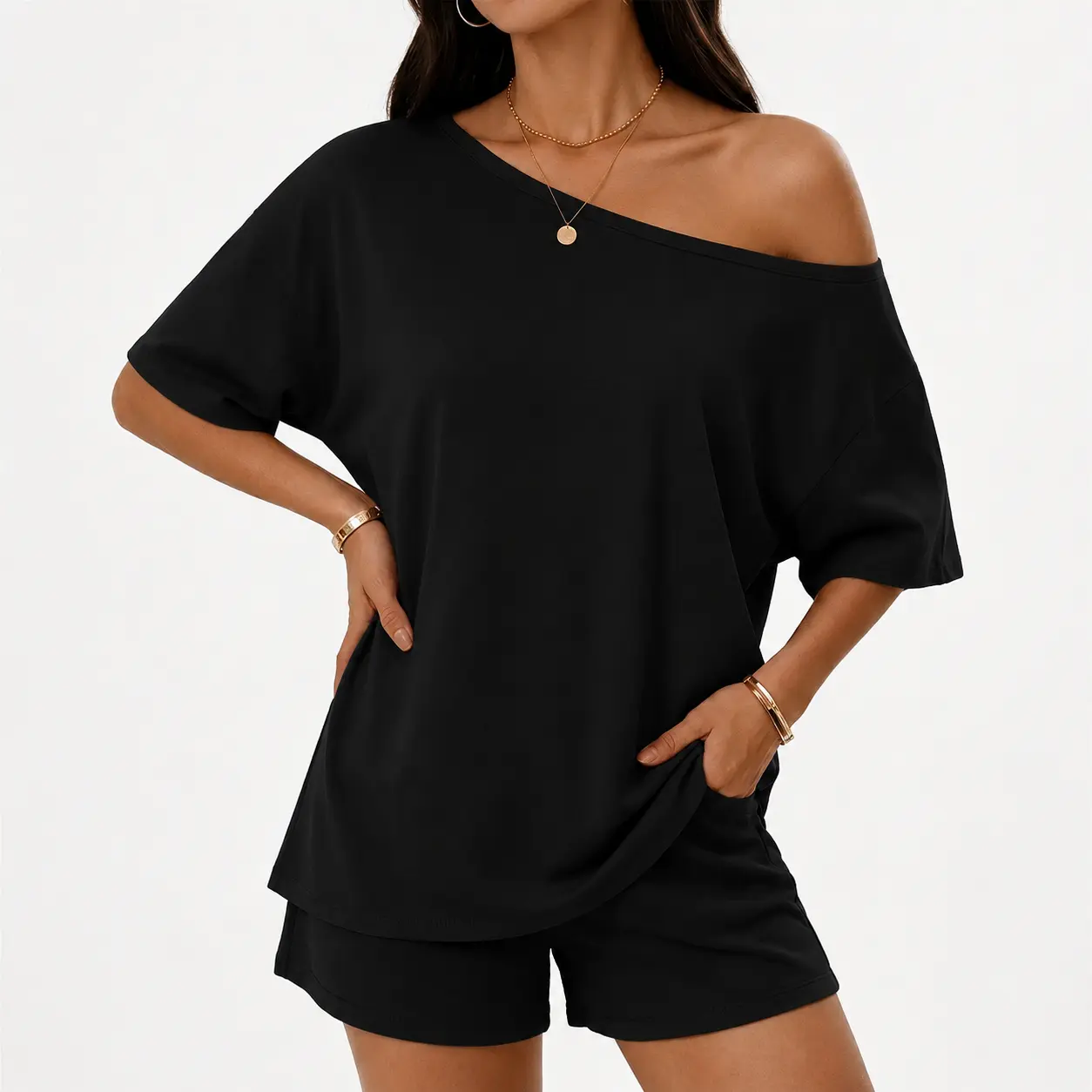 Women’s Trendy 2 Piece Lounge Outfit, Oversized Off Shoulder Top and Shorts Matching Set, Casual Streetwear Style