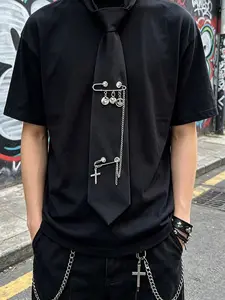 Pre-Tied Gothic Neck Tie with Cross & Smiley Metal Chain Pin, Punk JK Uniform Collar Accessory for Women Shirts