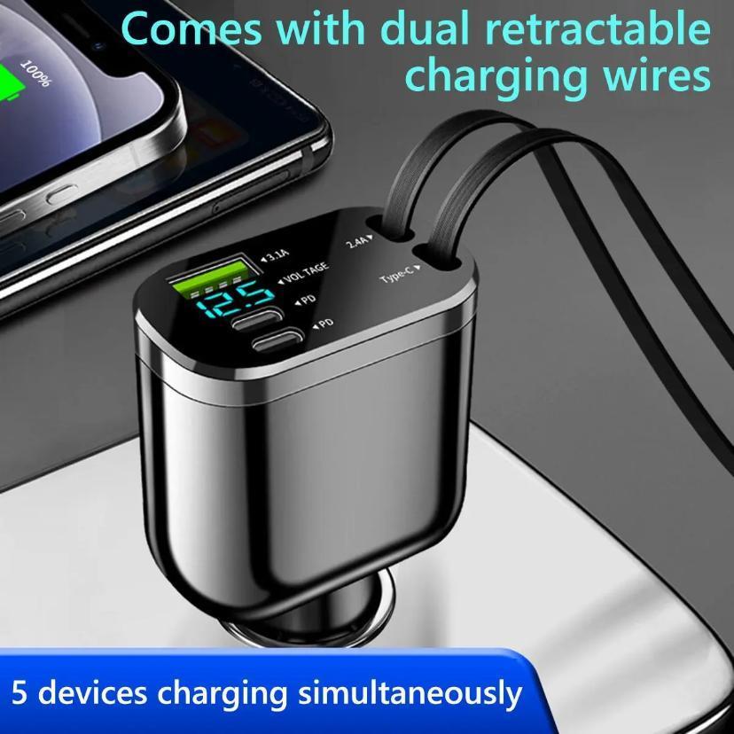 Compact Car Charger with Two Extendable Cables, Easy-to-Use Design for Apple and Android Phones, Multifunctional Portable Charging Solution