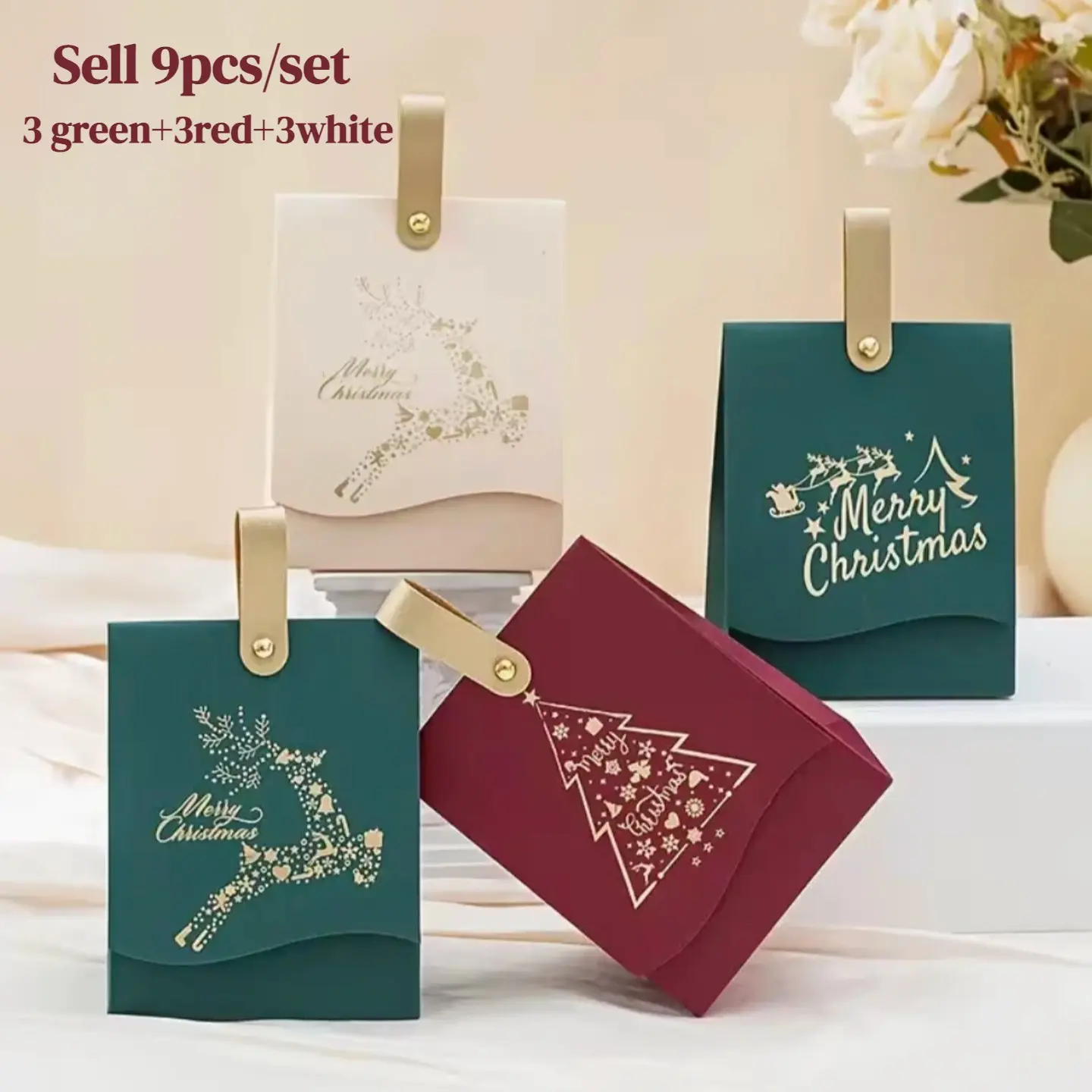 Gift for Her/Him Set of 9 Christmas Gift Boxes with Leather Handles,Festive Red,White, And Green,Featuring 'Merry Christmas' And 'Reindeer' Designs,Perfect For Candies& Chocolates，Festive Gift Packaging Supplies, Themed Gift Box