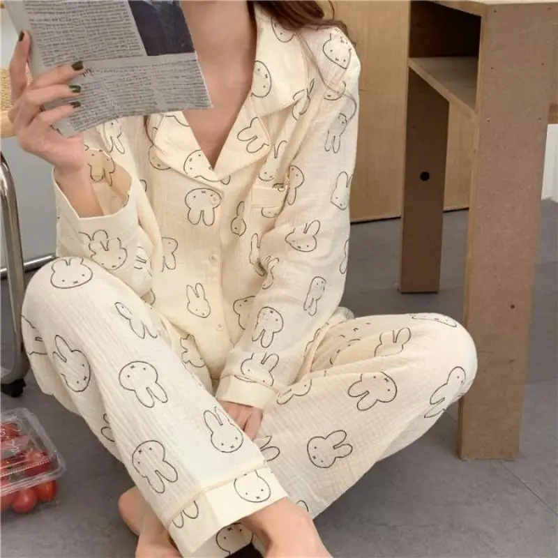 Women's Kawaii Miffy Bunny Cotton Gauze 2-Piece Sleepwear Set - Open-Front Cardigan & Trouser, Pajama Loungewear, All-Seasons Loose-Fit Women's Clothes for Home Use