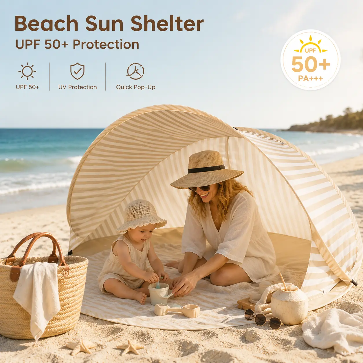 Striped Double Layer Outdoor Instant Pop-Up Beach Tent - No Assembly Required, Portable Sunshade Canopy for Family Picnics, Camping