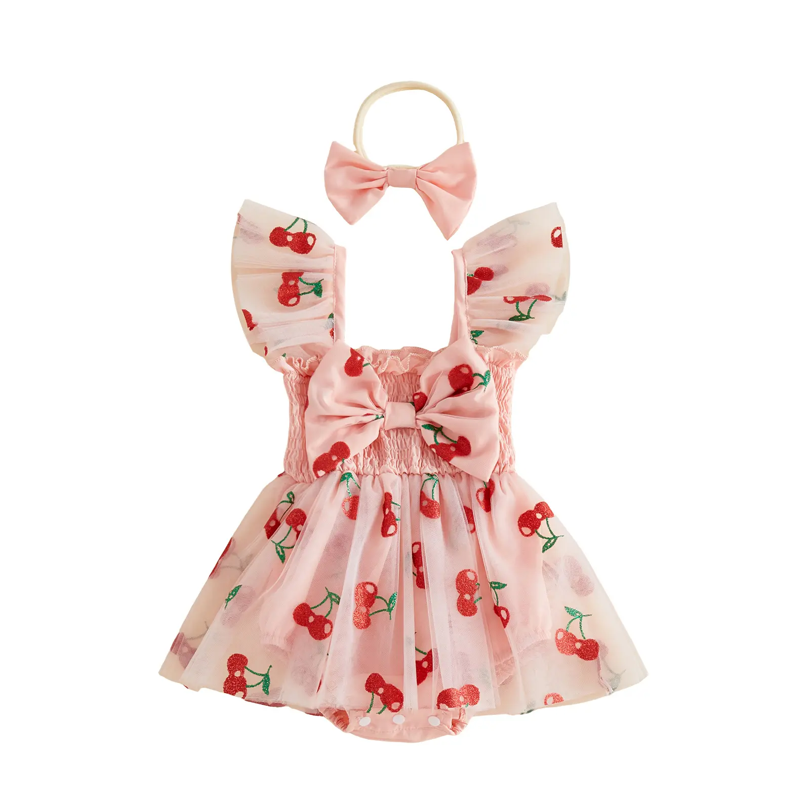 Canrulo Baby Girl Clothes Summer Outfit Newborn Cherry Bow Ruffle Sleeveless Tulle Romper Dress Cute Infant Onesie