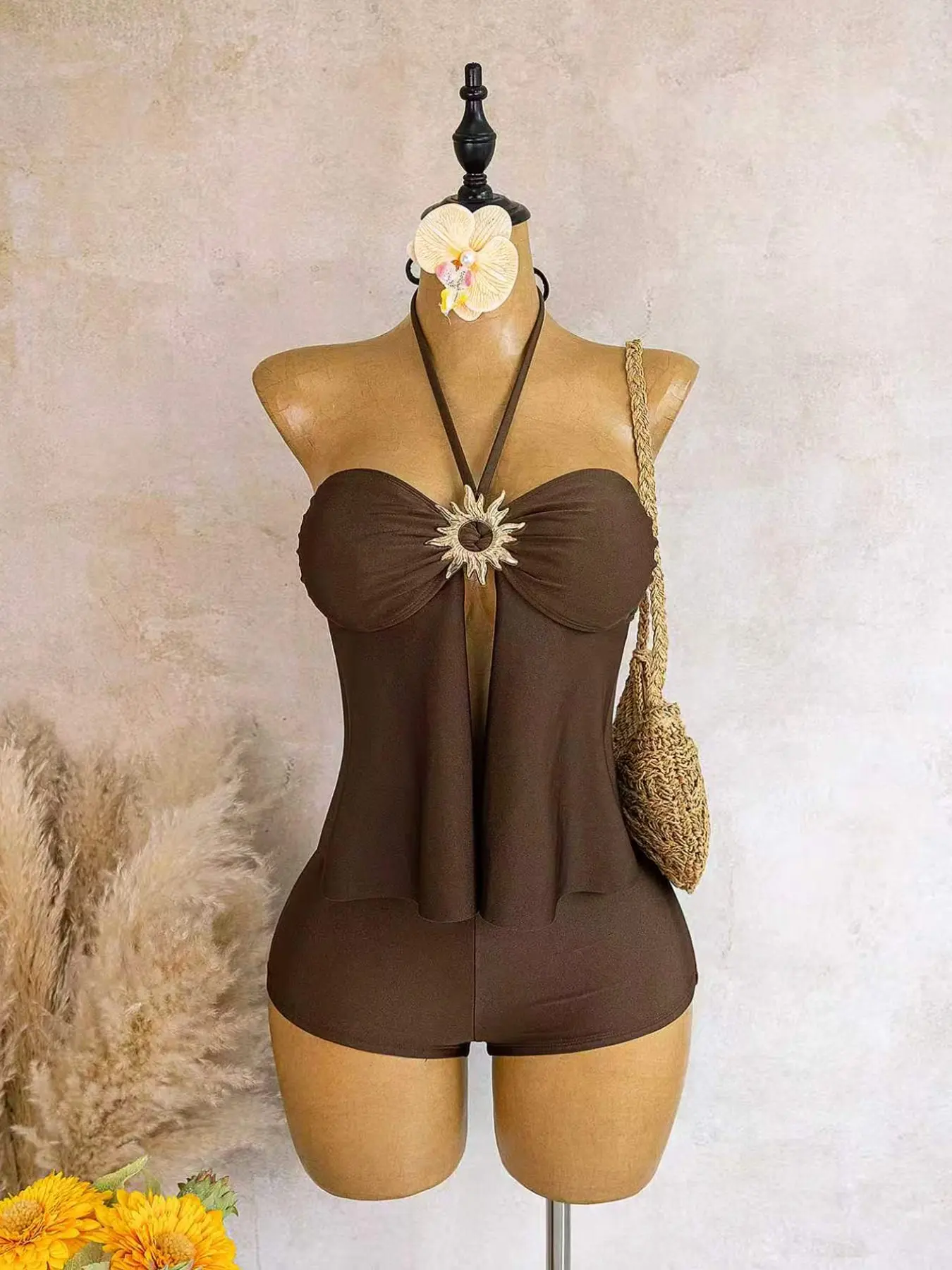 Deep Halter Neck Sunflower Buckle Cut Out Split Skirt Flat Angle Pants Two Piece Beach Vacation Party Swimsuit Summer Set